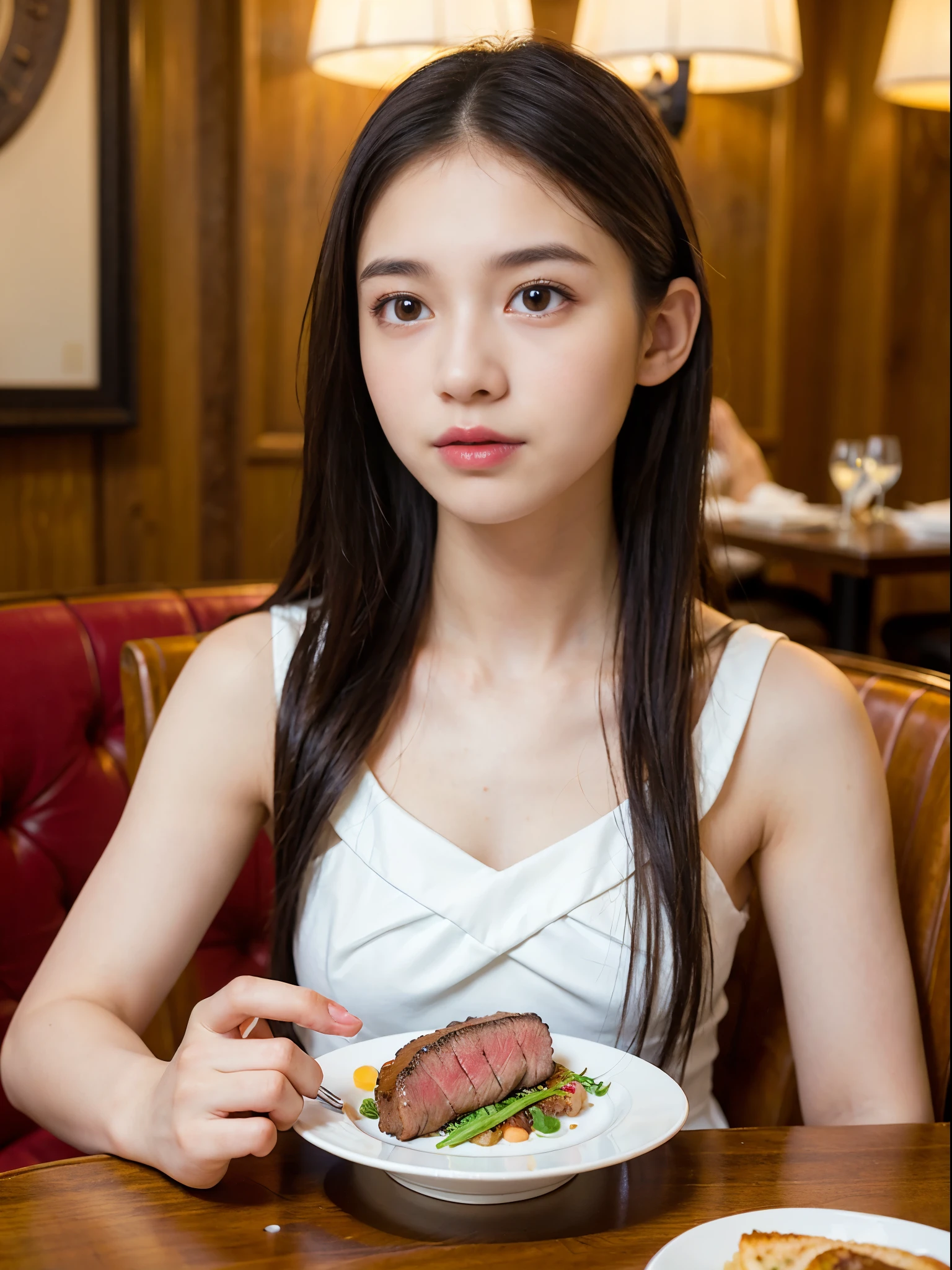 (8K、Raw photography、Photorealsitic:1.25)、1little girl、15 year old woman with beautiful perfect face、Eating steak at a fancy restaurant、profile、Knives and forks、one piece dress、Detailed eyes、lipgloss、long eyelashes beautiful look、shiny bare skin、top-quality、超A high resolution、