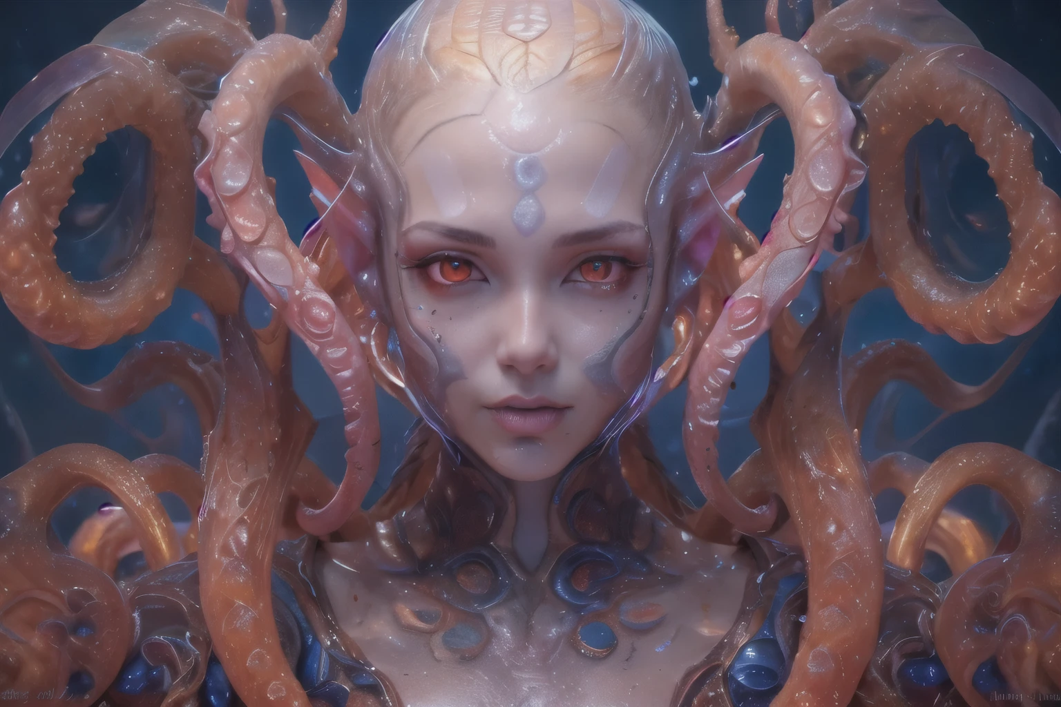 Portrait, (beautiful female alien:1.2), (she has red eyes with no pupils:1.8), (Translucent skin:1.7), (There is a female genital-like organ in the middle of the forehead.:1.9), (The most beautiful face in the history of the universe:1.2),an evil gaze that seduces, (large mouth:1.1), (sharp teeth like a vampire:1.2), Full body like, (bio luminescent:1.5), (Smile wickedly:1.3), (sexypose:1.5), alien, No humans, cells are fused, (Lots of translucent tentacles:1.3) extraterrestrial, cell, bio image, Best Quality, 8K,4K_quality, High Definition, Dramatic Lighting, masutepiece:1.5,cinematic quality, detail up, (Intricate details:1.2), High resolution, High Definition, drawing faithfully, (Thick eyebrows:1.2), Beautiful eyes with fine symmetry,(Highly detailed face and eyes:1.2), Intimate face, (Super detailed skin quality feeling:1.4), Perfect Anatomy, (Beautiful toned body:1.5), (Moist skin:1.2), No makeup, (dark circles:1.1), long canines, cinematic drawing of characters, ultra high quality model, cinematic quality, detail up, (Intricate details:1.2), High resolution, High Definition, drawing faithfully, Official art, Unity 8K wall , 8K Portrait, Best Quality, Very High resolution, ultra detailed artistic photography, midnight aura, unreal enginee 5, Ultra Sharp Focus, art by alberto seveso, ArtGerm, Roisch, intricate artwork, best quality, masutepiece, ultra High resolution, (photos realistic:1.4), Ultra-realistic realism, dream-like, nautilus, Creation of fantasy, Snail, Dream Snail, (biopunk nautilus:1.3), Thrilling color schemes, Ultra-realistic realism, seductively smiling, Blue tentacles,