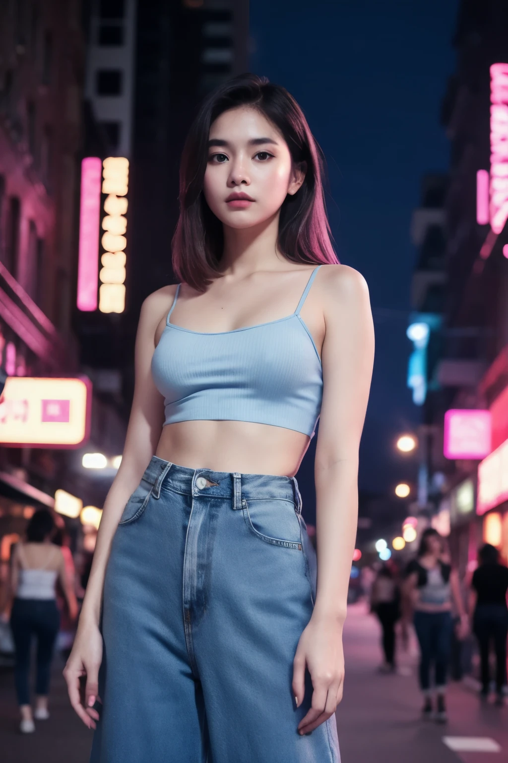 portraite of a woman, (camisole, denim pant), Just look at the audience, Chopping, Night Street, buliding, neon lights in background, (Pink and blue theme:1.2)