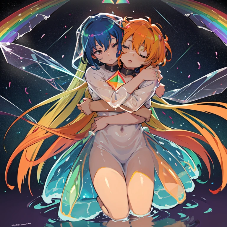Colored cellophane girl surrounded by firefly squid jelly、Amazing dynamism、Amazing Angle、A sandstorm of enormous buoyancy and luster、Glowing condensation、((((Lots of friendly large prism lenses floating around, hugging and chasing each other.))))、((surround each other&#39;big rainbow jelly))、(((large prism mirror)))、（Luminous oversized prism color cellophane with branches）、