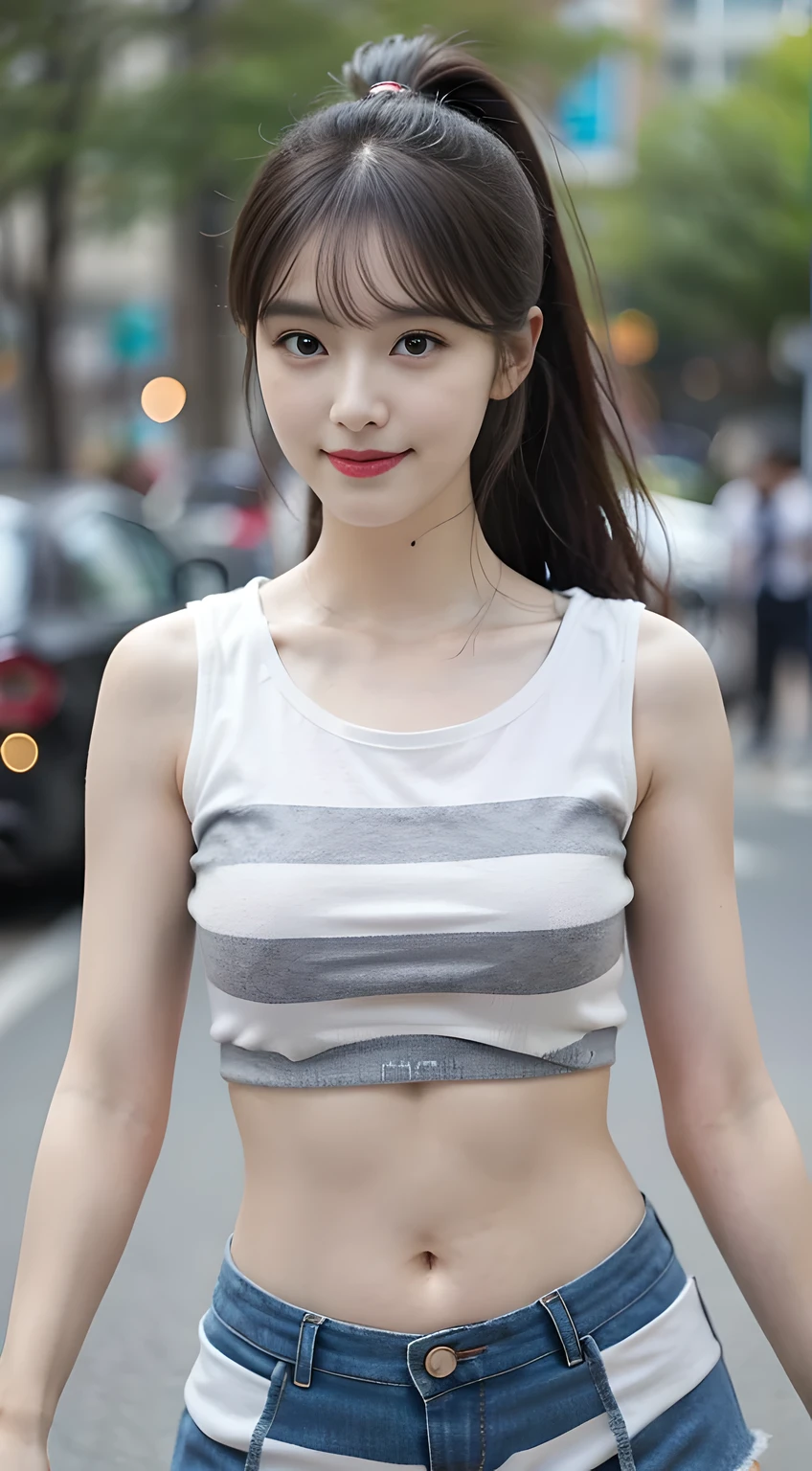 ((top-quality、masterpiece:1.2、8K、portlate、Reality Photography、Beautiful bright dimming))、(((Lovely woman)))、Smooth and perfect body、((Casual Hair、F-cup、sports wear))、In the street、(Big smile)、((Puppy eyes))、The whole body is reflected