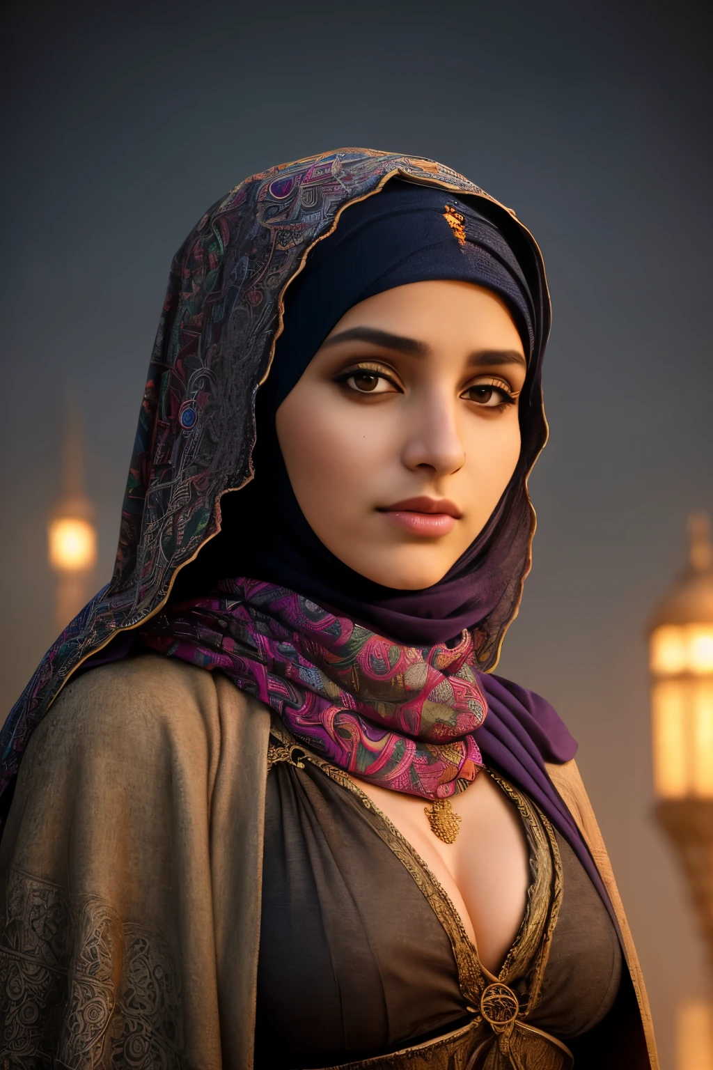 youthful, cleavage,resolution,Intricate portrait of a beautiful hijabi,triadic colors,8k,illuminated,with a backdrop of eerie dungeion . stunning interpretive visual,maximalist scarf and veil. f1.0lens,tilt-shift,shalllow DOF. dramatic lighting. chiaroscuro,