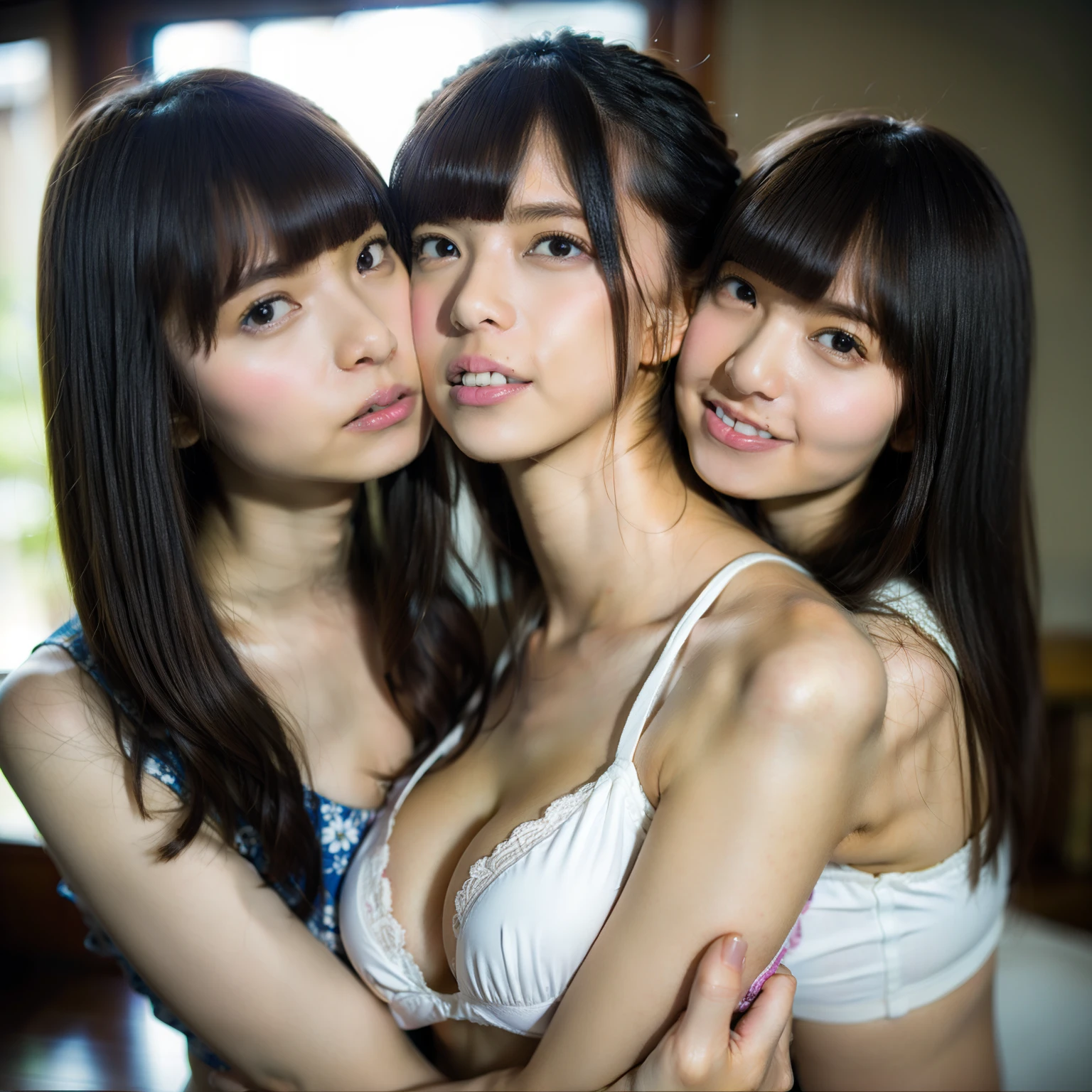 masterpiece、top-quality、全身エスlesbian、lesbian、lesbian、bangss、2girls、lilies、レズthe kiss、the kiss、(Dark hair)、straight haired、hug、hug、cleavage of the breast、Plump breasts、White Bikini、Slimed、see -through、