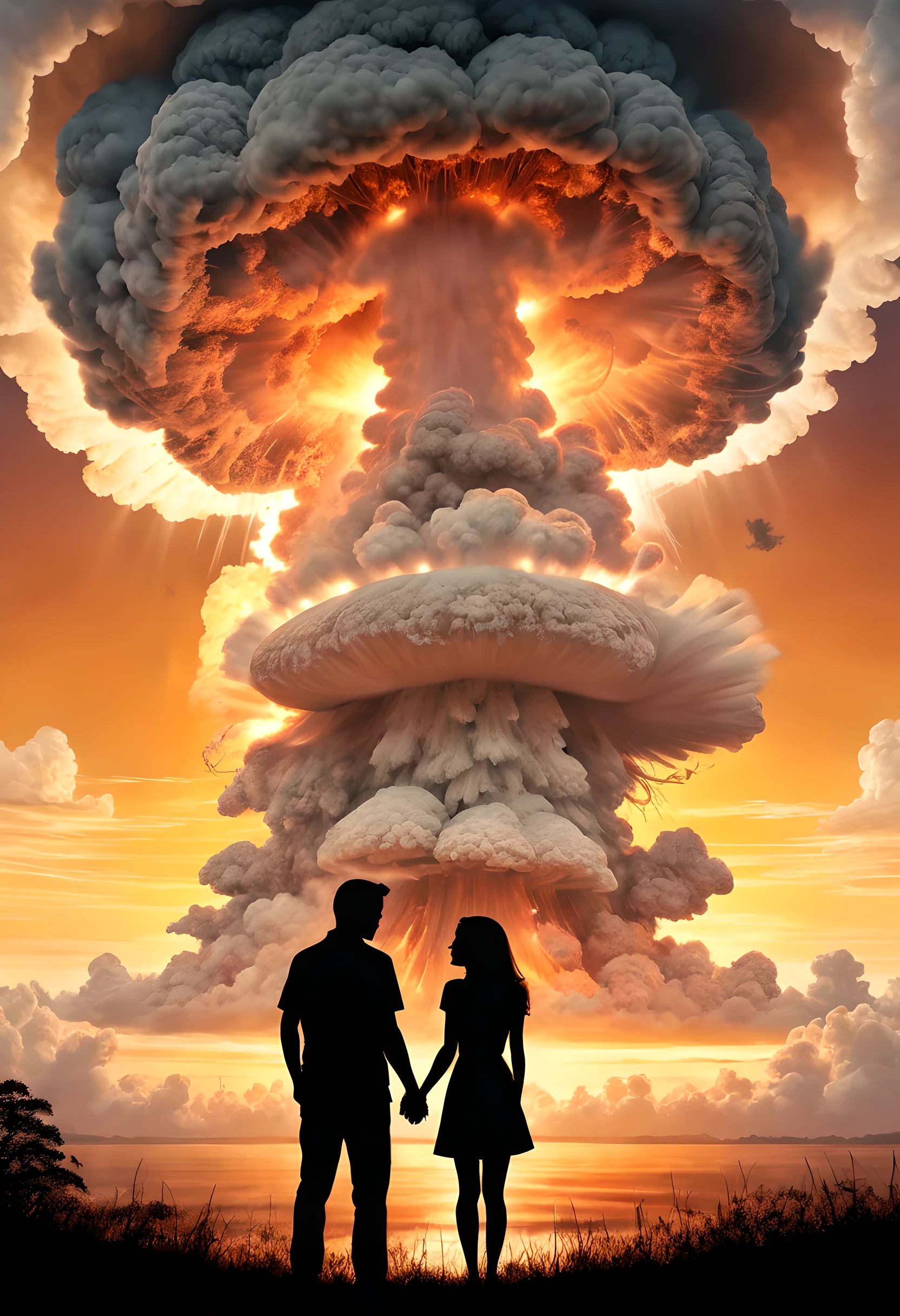 Silhouette art, extremly intricate, tmasterpiece, Best quality at best, A couple hugs each other, Atomic bomb explosion creates huge mushroom cloud., close up