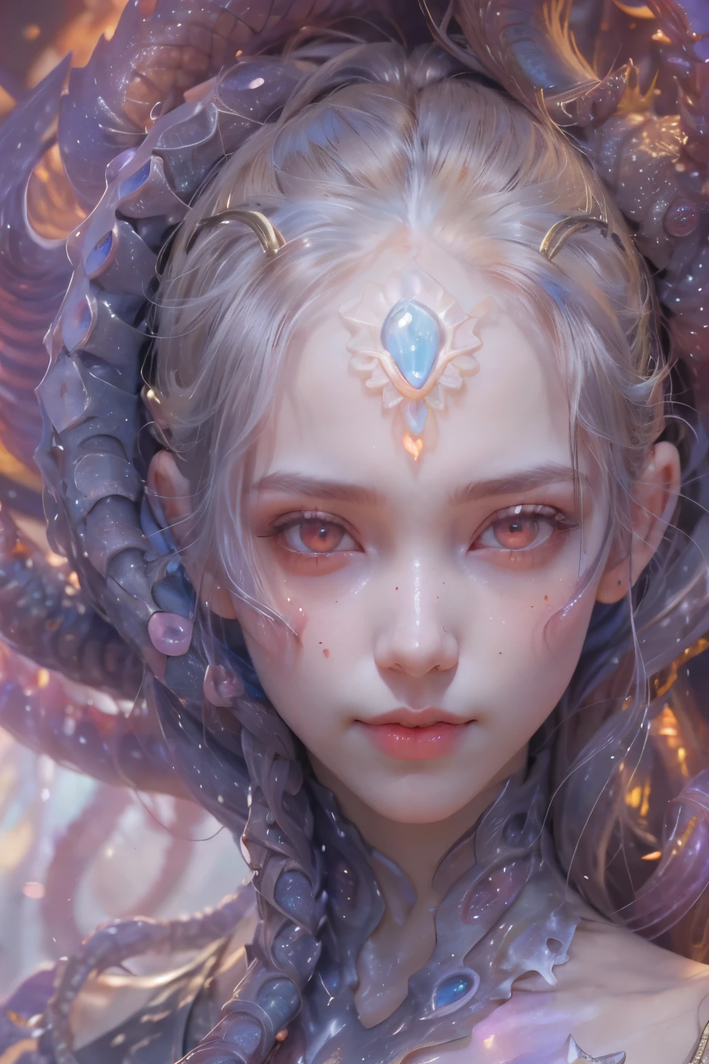 Portrait, (beautiful female alien:1.2), (she has red eyes with no pupils:1.8), (Translucent skin:1.7), (There is a female genital-like organ in the middle of the forehead.:1.9), (The most beautiful face in the history of the universe:1.2),an evil gaze that seduces, (large mouth:1.1), (sharp teeth like a vampire:1.2), Full body like, (bio luminescent:1.5), (Smile wickedly:1.3), (sexypose:1.5), alien, No humans, cells are fused, (Lots of translucent tentacles:1.3) extraterrestrial, cell, bio image, Best Quality, 8K,4K_quality, High Definition, Dramatic Lighting, masutepiece:1.5,cinematic quality, detail up, (Intricate details:1.2), High resolution, High Definition, drawing faithfully, (Thick eyebrows:1.2), Beautiful eyes with fine symmetry,(Highly detailed face and eyes:1.2), Intimate face, (Super detailed skin quality feeling:1.4), Perfect Anatomy, (Beautiful toned body:1.5), (Moist skin:1.2), No makeup, (dark circles:1.1), long canines, cinematic drawing of characters, ultra high quality model, cinematic quality, detail up, (Intricate details:1.2), High resolution, High Definition, drawing faithfully, Official art, Unity 8K wall , 8K Portrait, Best Quality, Very High resolution, ultra detailed artistic photography, midnight aura, unreal enginee 5, Ultra Sharp Focus, art by alberto seveso, ArtGerm, Roisch, intricate artwork, best quality, masutepiece, ultra High resolution, (photos realistic:1.4), Ultra-realistic realism, dream-like, rainbow colored nautilus, Creation of fantasy, Snail, Dream Snail, (Biopunk Nautilus:1.3), Thrilling color schemes, Ultra-realistic realism, seductively smiling, Blue tentacles,