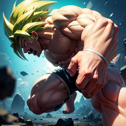 Realistische 3D-Rendering von Goku Super Saiyajin, Umgeben von Blitzen, large muscles, Ganzkörperfotografie, hyperrealistisch, bare feet, Ripping clothes, Maximum muscles