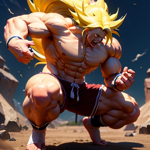 Realistische 3D-Rendering von Goku Super Saiyajin, Umgeben von Blitzen, large muscles, Ganzkörperfotografie, hyperrealistisch, bare feet, Ripping clothes, Maximum muscles