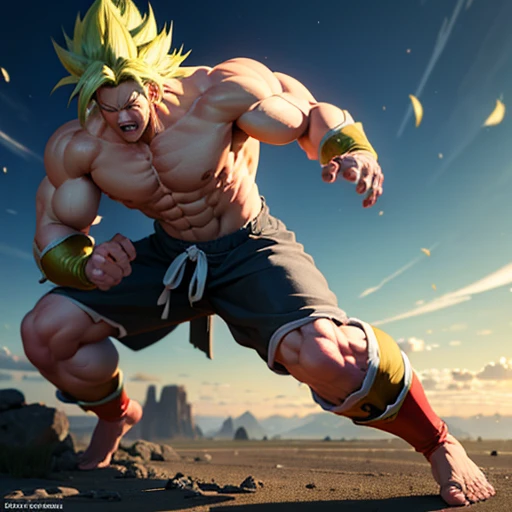 Realistische 3D-Rendering von Goku Super Saiyajin, Umgeben von Blitzen, large muscles, Ganzkörperfotografie, hyperrealistisch, bare feet, Ripping clothes, Maximum muscles