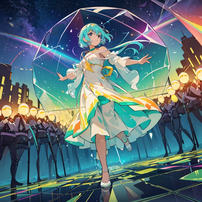 Colored cellophane girl surrounded by firefly squid jelly、Amazing dynamism、Amazing Angle、A sandstorm of enormous buoyancy and luster、Glowing condensation、((((A lot of friendly large prism lenses float in a row and tickle each other, staring at each other and chasing each other.))))、((surround each other'big rainbow jelly))、(((large prism mirror)))、(Luminous oversized prism color cellophane with branches)、