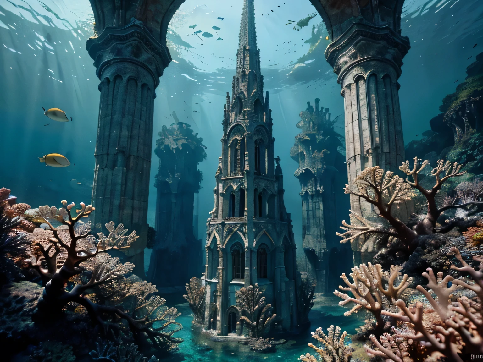 An underwater landscape with imposing coral formations that resemble a majestic cathedral, com vida marinha colorida nadando pelas estruturas complexas. fantastical realism, Cores Naturais, luz natural, Imagem premiada, award-winning photography, The best photo ever taken, authentic 8K photography