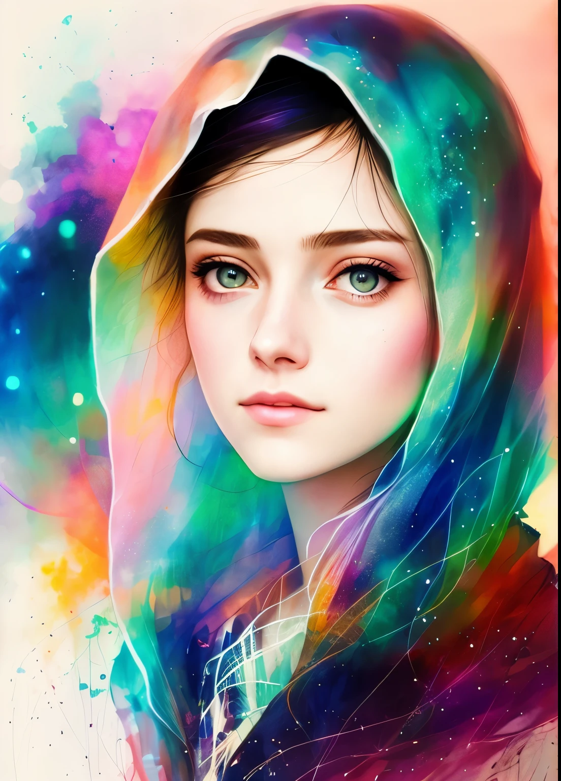 woman with agnes cecile, glowing design, pastel colors, ink drops, autumn lights, cute hijabi