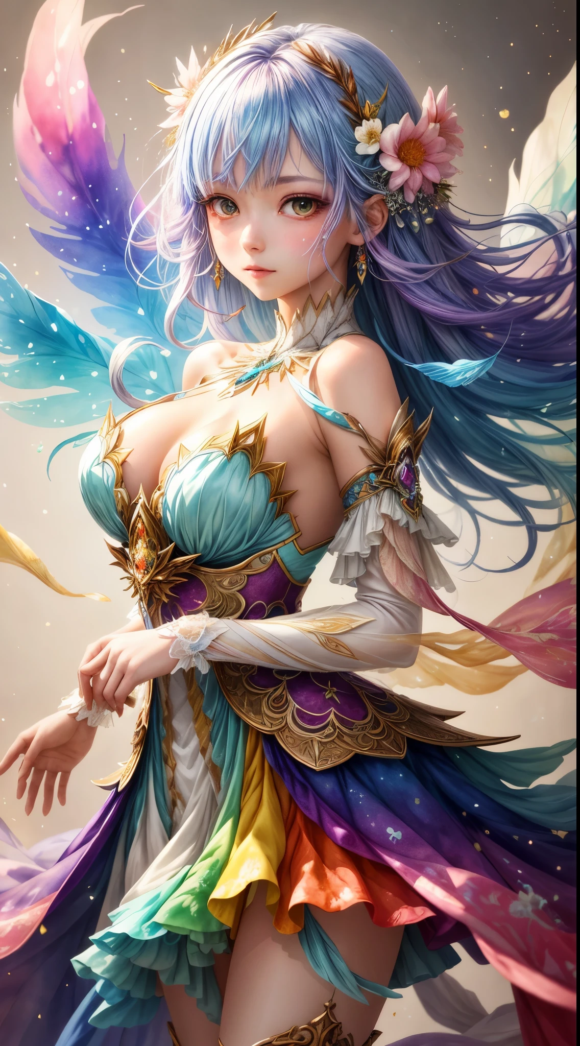 A captivating anime girl gracefully emerges from the pages of a watercolor painting, her vibrant and intricate colors breathing life into the artwork. She wears extraordinary fantasy costumes,Decorated with exquisite details, reflecting the enchanting world she inhabits. Luminescent elements, like glowing crystals and ethereal wisps, surround her, casting a soft, otherworldly glow. The watercolor style imbues the image with a sense of fluidity and delicacy, as if the colors are effortlessly blending and bleeding into one another. Camera shot: Medium Shot, Camera lens: softfocus, Lighting: luminescent glow, watercolor brushstrokes,