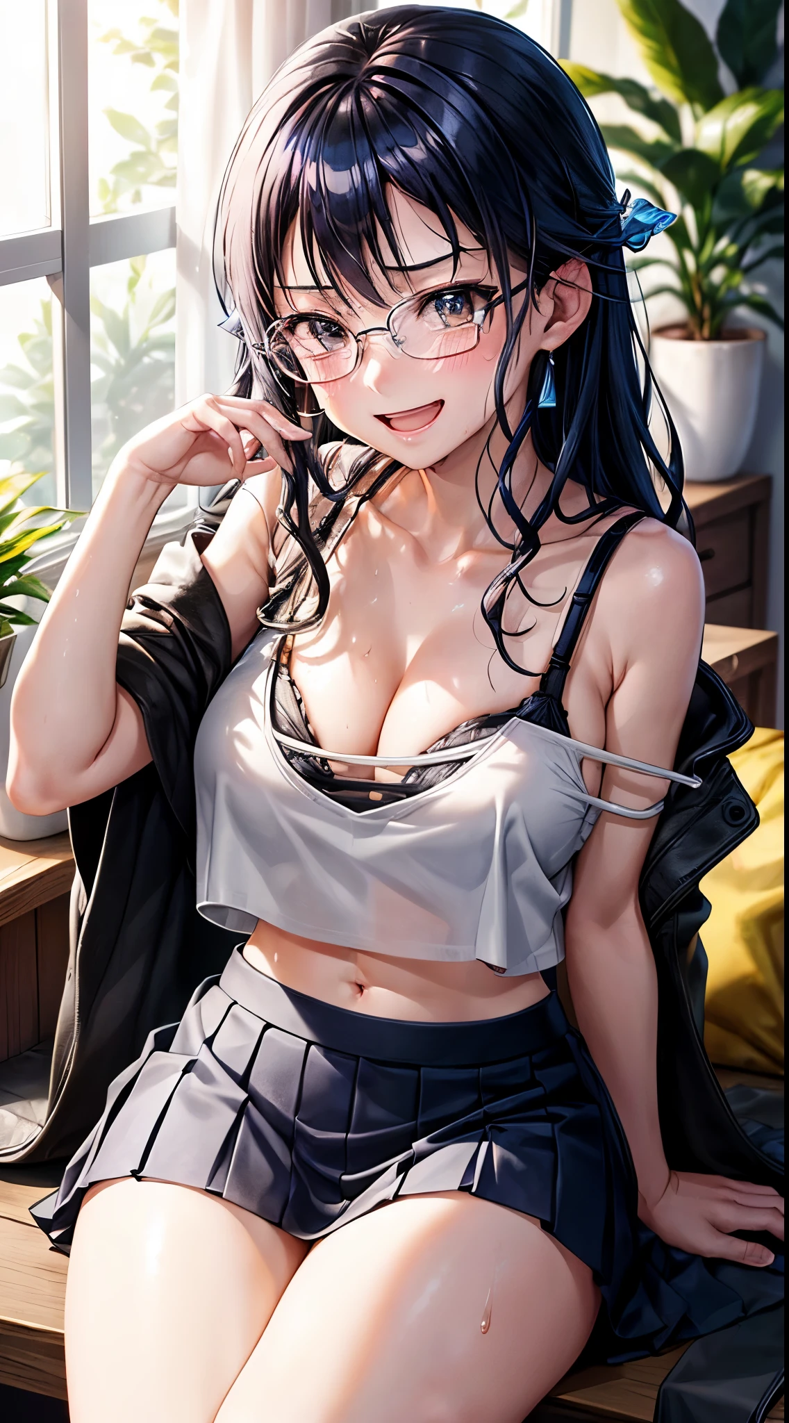 1womanl,Black hair,14years,(((White and blue shiny tank top and micro skirt)))(())(((Blushing cheeks、Smile with open mouth)),(((Nariko Saten))),((( Portrait on the knee))),Crowds,and micro skirt,Wet with sweat(((Sexy Bra)))(eye glasses)