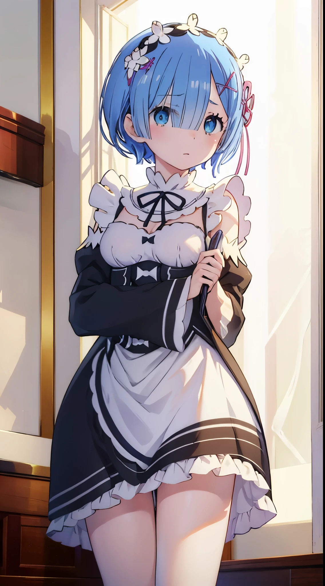 (tmasterpiece:1.6,best qualtiy),(Fine beautiful eyes:1.2),nffsw_Remu,Remuド,1girll,Blue hair,独奏,e Blue Eyes,× Hair Accessories,Maid clothes in Rossvale Mansion,maidennurse,(Dress Lift:1.2),White panties,独奏で,