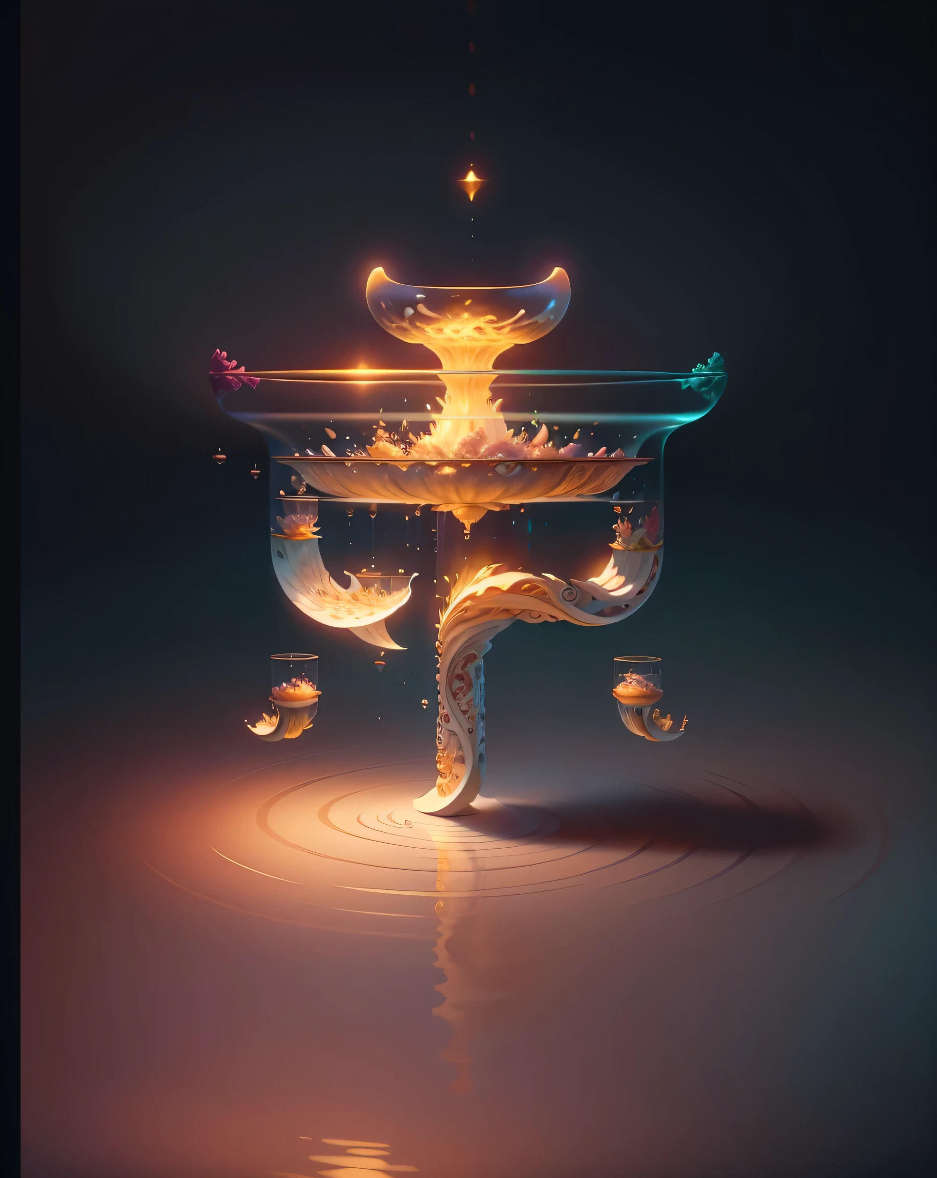 tmasterpiece，(（Clean glass，shine：1.2，（cleanness：1.3），The sheen)，Best quality at best，（pixar-style：1.4），（In a cave，natta，Surrounded by glowing plantlossom flowerlying fireflies)（ultra - detailed，Aesthetic，美丽的构图, rich colors vivid，Volumetric soft light)4K，Reflection in the water，Water ripples are inspired by Alice in Wonderland，magia，Fairytales.unreal-engine，Rendered by Octane，cuteness render，3 Rendering，Adobe Photoshop,Awesome beauty