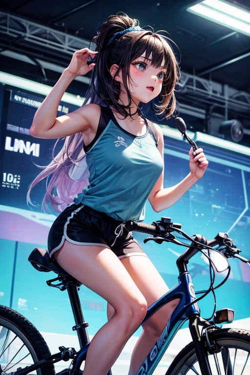 a girl rides a bicycle, dolphin shorts, in electronic luminescence city