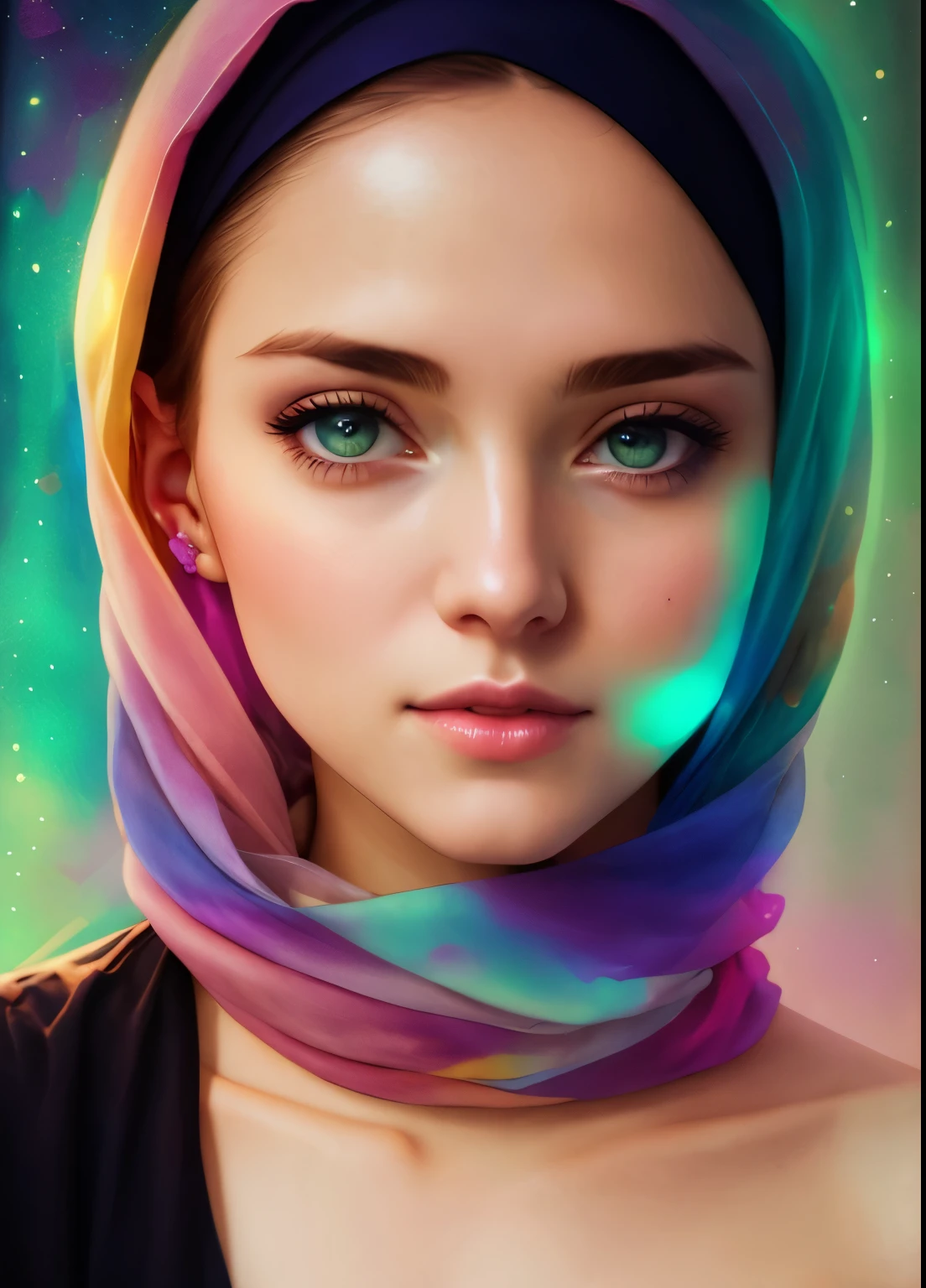 woman with agnes cecile, glowing design, pastel colors, ink drops, autumn lights, cute hijabi, cleavage