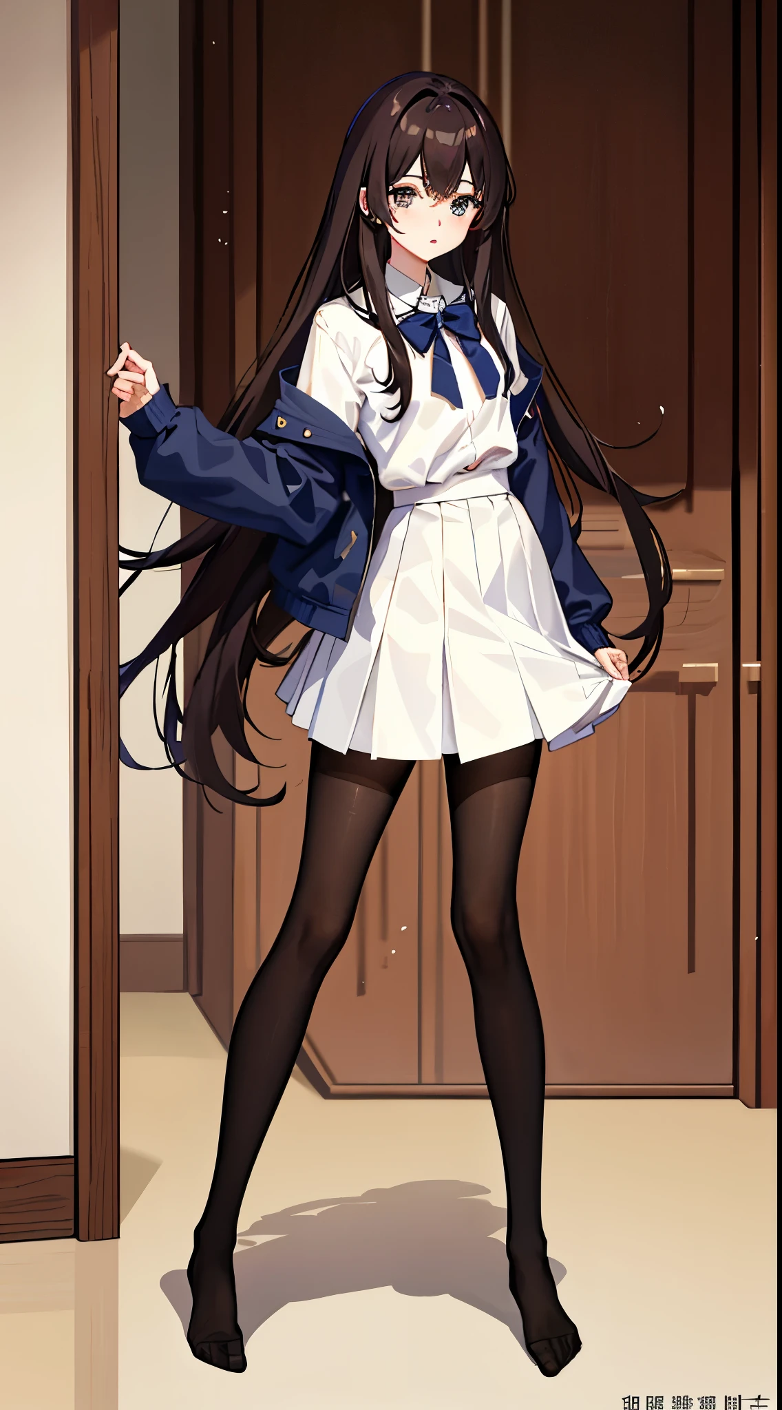 (masuter piece、hightquality)、perfect eyes、最hightquality、(Full body portrait)、Symmetrical composition、Composition from the front、One lady、(Full body figure from head to toe)、(small tits)、Slim Faces、a small face、Beautiful and cute face、((white panties)Black tights)、(Black tights)、(Black pantyhose)、(I don't wear a skirt)、(Changing clothes)、slim and slender legs、Precise size and balance of upper and lower body、(white panties)、17age、Schoolgirl with mature body type、A high school girl with long、Stand on your own two feet、(School locker room)、white t-shirts、Panchira、Composition from the front、brown colored long hair、bangss、red blush、Embarrassed look、Black pantyhoseの中にwhite pantiesを履く、(No shoes)、Japanese high school girl、during daytime、(small tits)