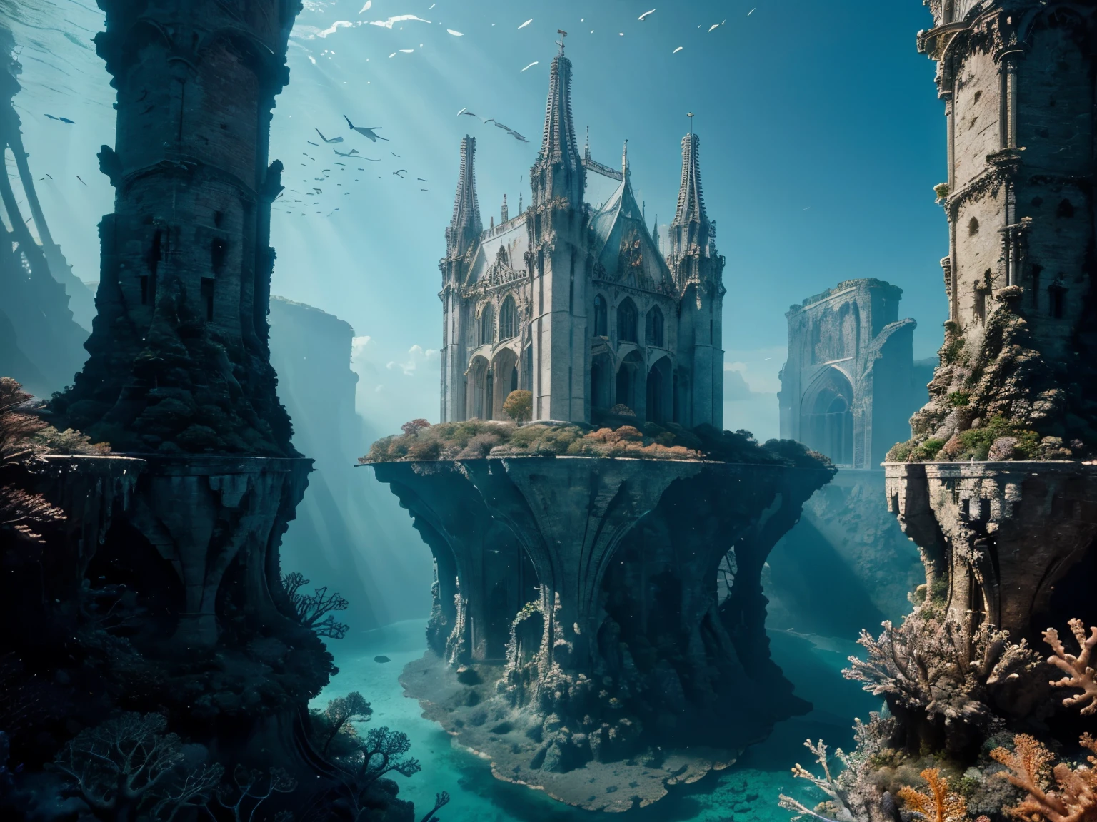 An underwater landscape featuring towering coral formations that resemble a majestic cathedral, with colorful marine life swimming through the intricate structures. fantastic realism, natural colors, natural light, award-winning image, award-winning photography, the best photo ever made, authentic photography 8K