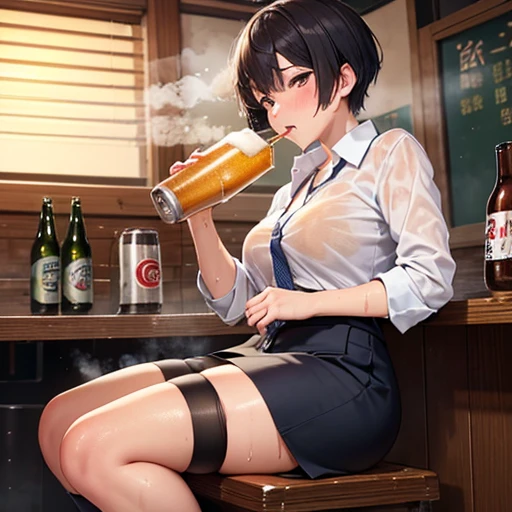 NSFW,Office Worker,The shirt,Dressing,short-hair,smelly stockings,izakaya,Private,(((drinking beer))),(((perspiring))),(((sodden))),(((steam))),(((drunk))),(((hollow)))