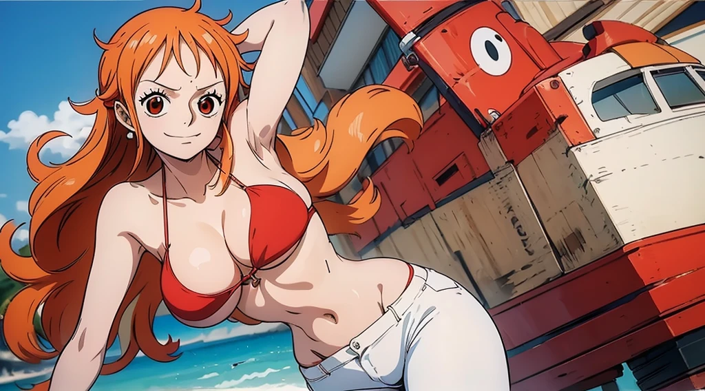 An Arafe woman wears a bikini top and red super miniskirt, nami one piece, uma obra-prima , Retrato bonito de Nami, nami from one piece,Nami em super minissaia vermelha, arte de anime digital detalhada, Cute Exirobat showing white pants, Muito detalhado Artgerm haha, deviantart artstation cgsscosiety, realistic red bikini, roupa de banho vermelha, fanart melhor artstation, Artgerm. alto detalhamento, seios grandes.