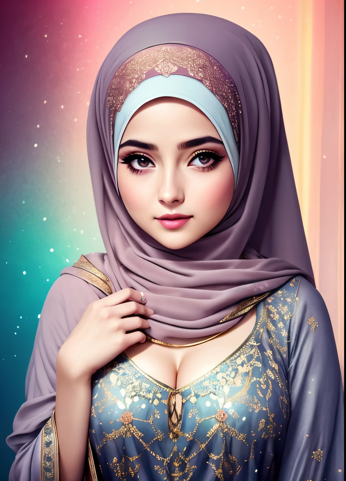 glowing design, pastel colors, ink drops, autumn lights, cute hijabi, cleavage