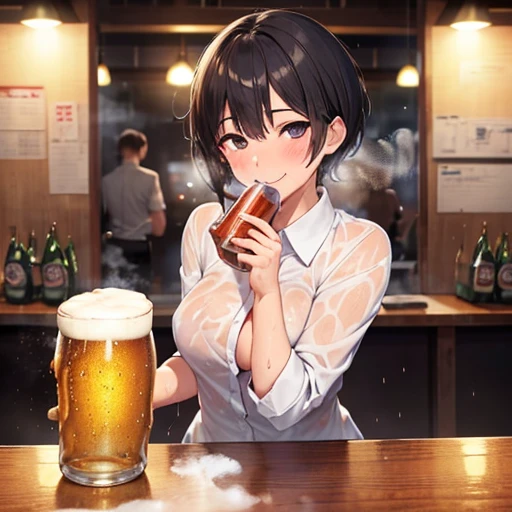 [NSFW:1.5], (disorganized:1.5), (anatomically correct), (Once in a Millennium Photo), (masterpiece), (highest quality), (Super detailed), (detailed light), (A slice of life:1.5), one girl, (smile:1.5), (red face), (drunk:1.5), (Alcohol and beer:1.5), (Extreme detail and beautiful teary eyes:1.2), (catch light:1.5), clavicle, cleavage, mega breasts, (white shirt), (look away:1.5), (Low - Angle:1.5), shiny, shiny hair, (Rouge), shiny skins, bright, (anime), Sweat, immoral, joke around, Drool, 