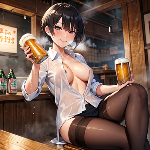 NSFW,Office Worker,The shirt,Dressing,short-hair,smelly stockings,izakaya,Private,(((drinking beer))),(((perspiring))),(((sodden))),(((steam))),(((drunk))),(((a smile)))