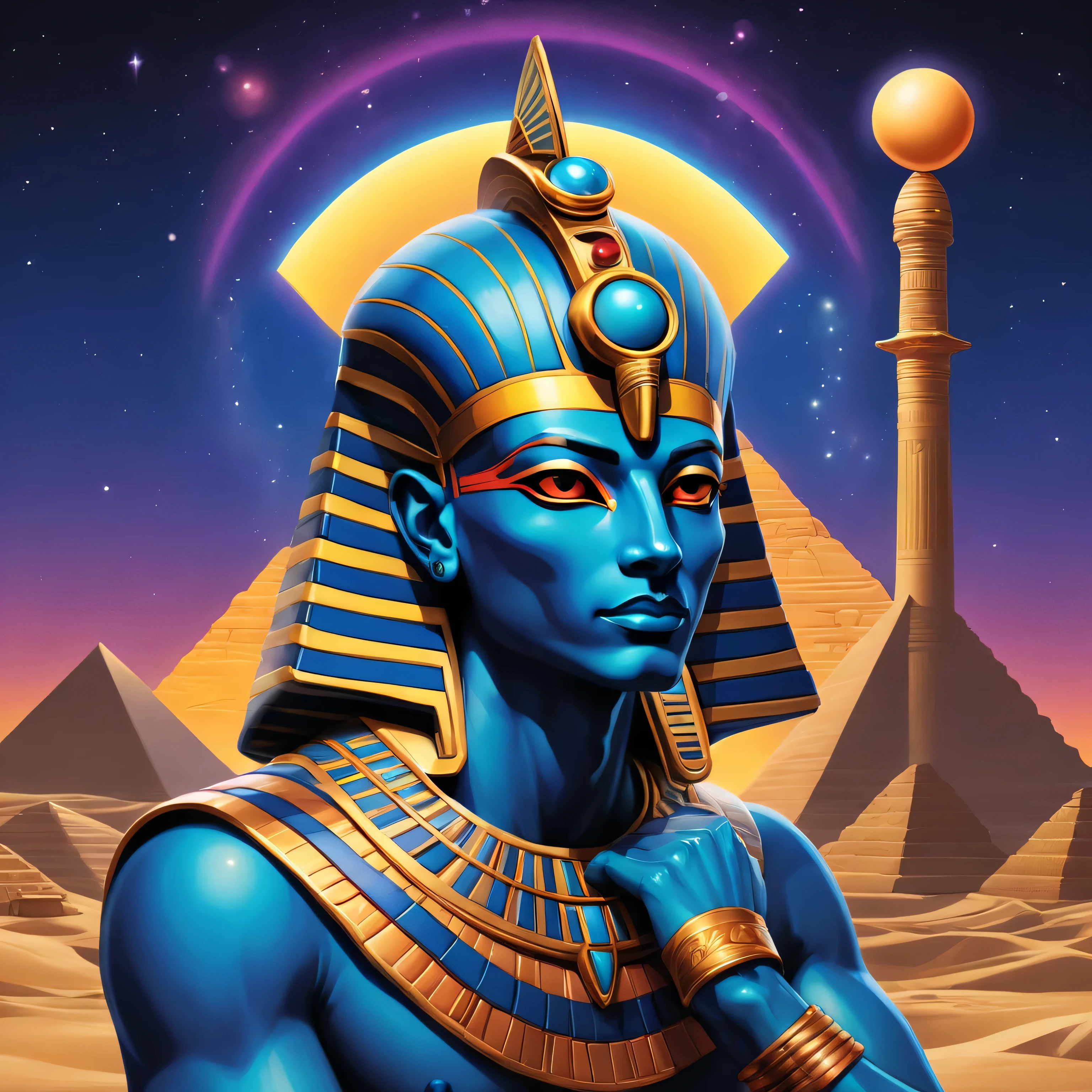 In vibrant hues of Pop Art, infused with Anime & Comic Book charm, illustrate a revitalized Atum, the ancient Egyptian creator god. Come forth from the mystical celestial ovoid, Atum, trailing a neon-lit astral cocoon. Embolden his visage, striking against a chromatic desert backdrop. Grasping a swift bioluminescent spear, embracing the all-seeing, glowing Eye of Ra atop his towering Pharaoh knuckles.