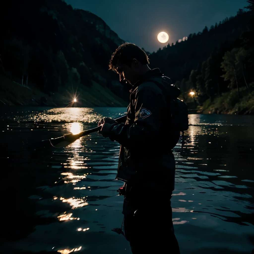 A man cought monster fish in the black wwter lake, fullmoon, night