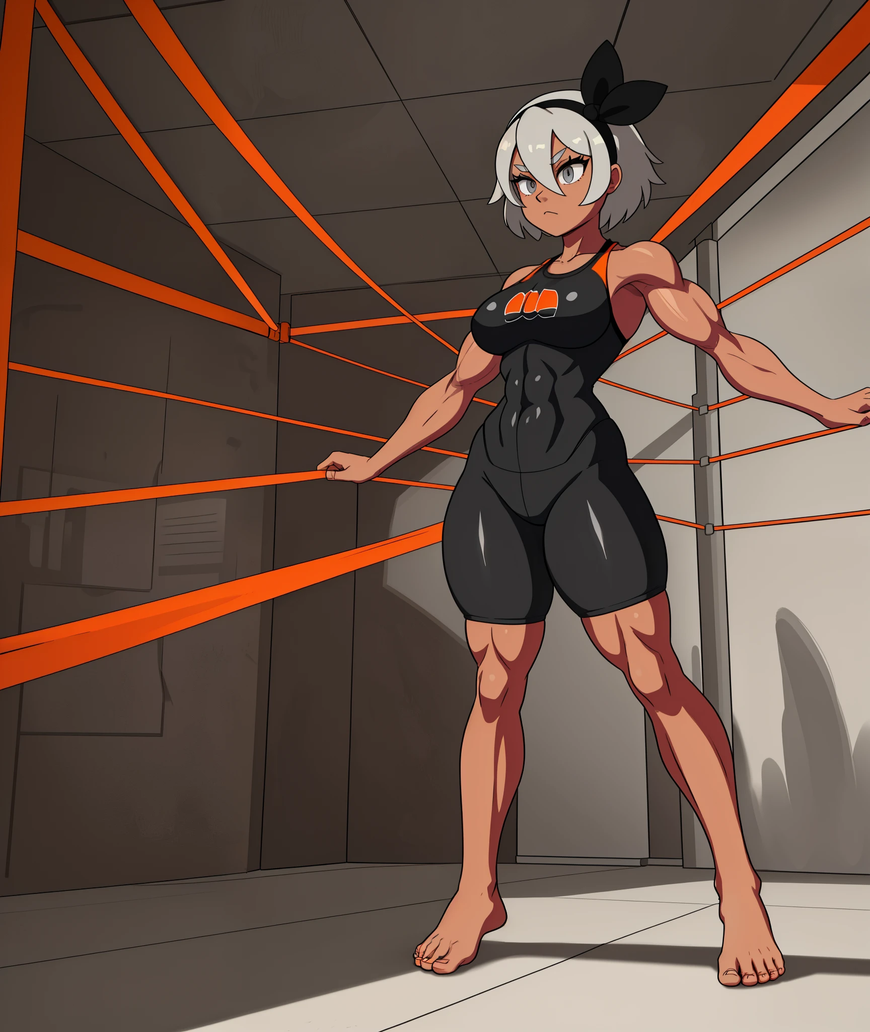 [bea], [pokemon], [uploaded to e621.net; (napalm_express)], ((masterpiece)), ((HD)), ((high res)), ((solo portrait)), ((full body)), ((front view)), ((feet visible)), ((detailed shading)), ((beautiful render art)), ((intricate details)), {anime girl; (dark-toned skin), (cute grey eyes), (short eyelashes), short white hair, (curvy hips), (defined muscles), (beautiful muscular legs), (beautiful feet), (expressionless)}, {(black yoga bodysuit with orange stripes), (black hairband)}, {(standing), (looking in the distance)}, [background; (open room), (gym), (gym equipment), (ceiling lights), (sun rays), (pink and orange sky)]