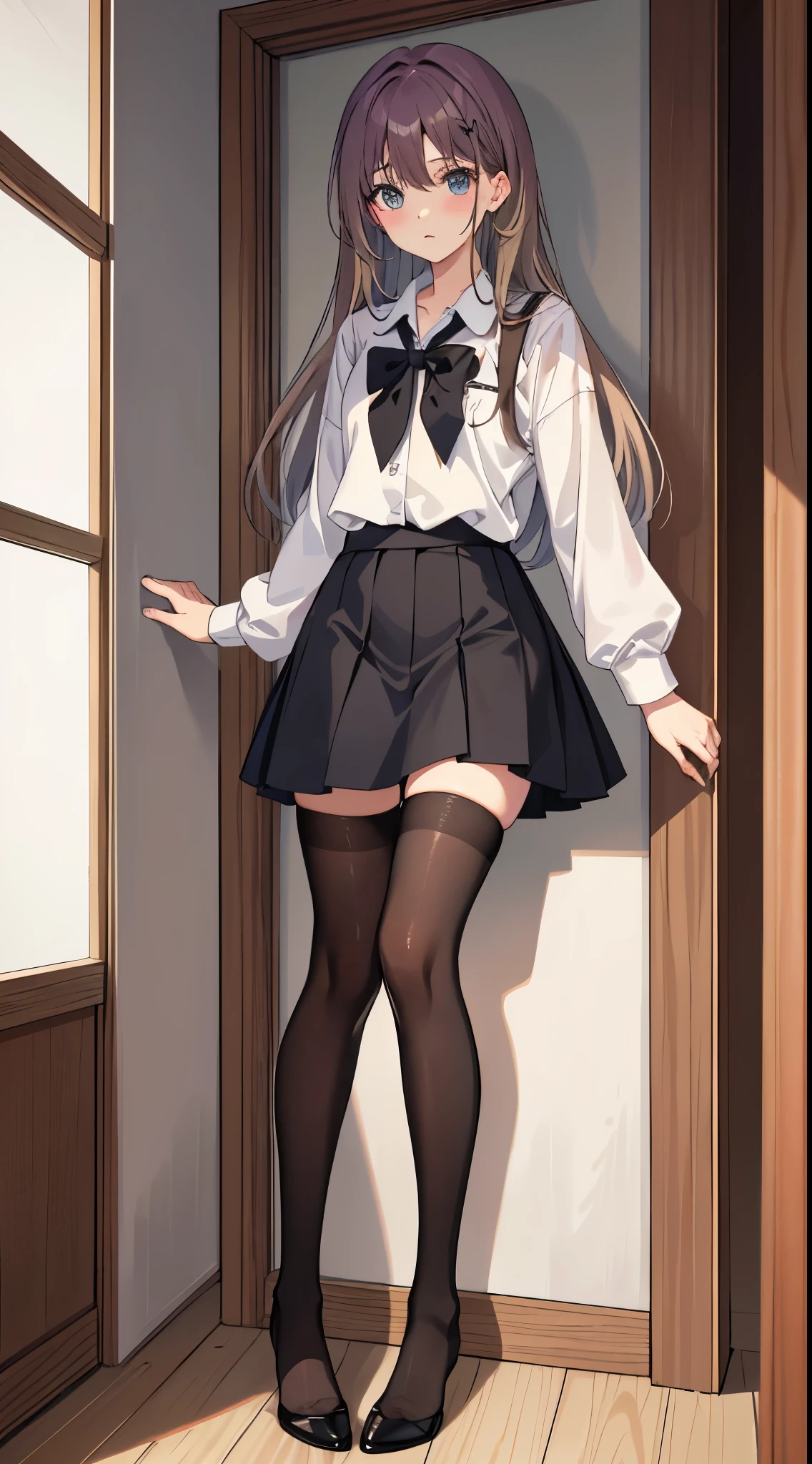 Anime girl with brown hair and honey green eyes wearing a loose white shirt and a short black skirt while wearing black knee-high stockings.