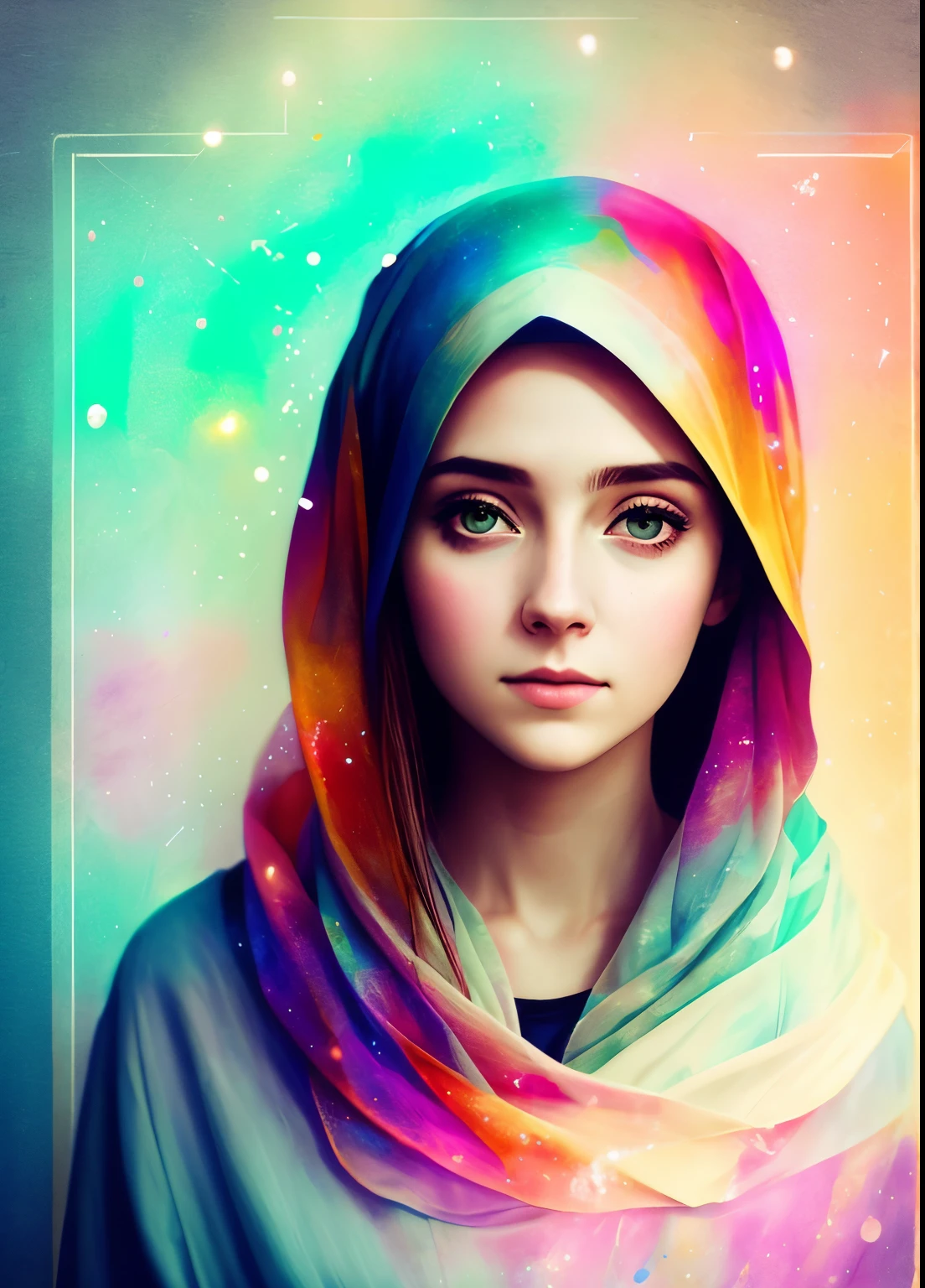 woman with agnes cecile, glowing design, pastel colors, ink drops, autumn lights, cute hijabi