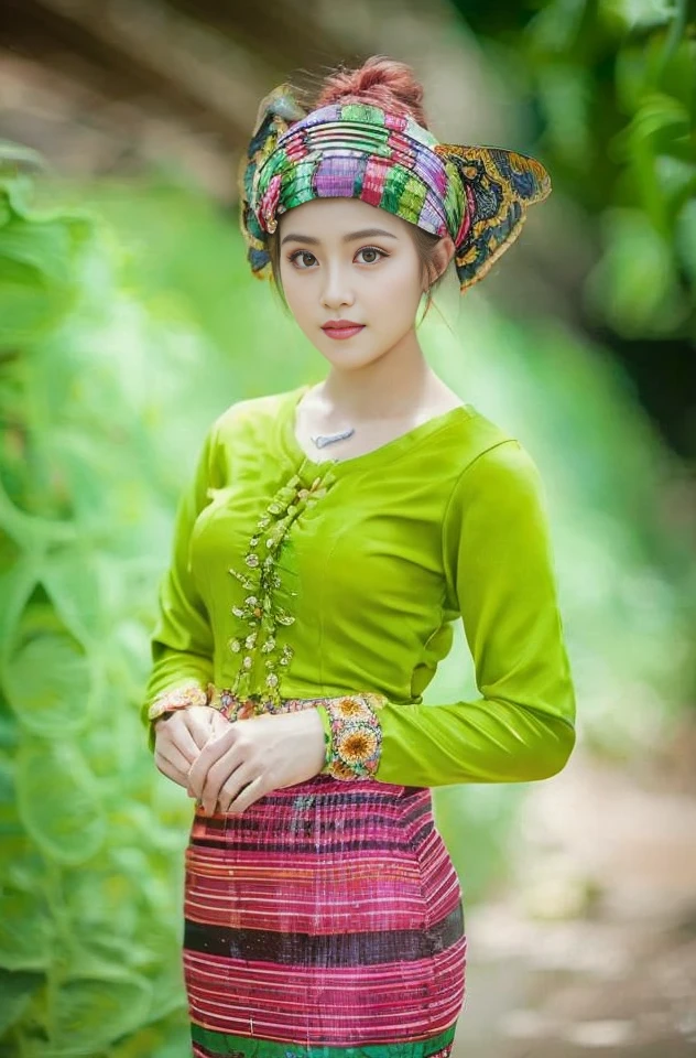 Girl with Tai khun traditional dress at ((sunflowers garden:1.5))