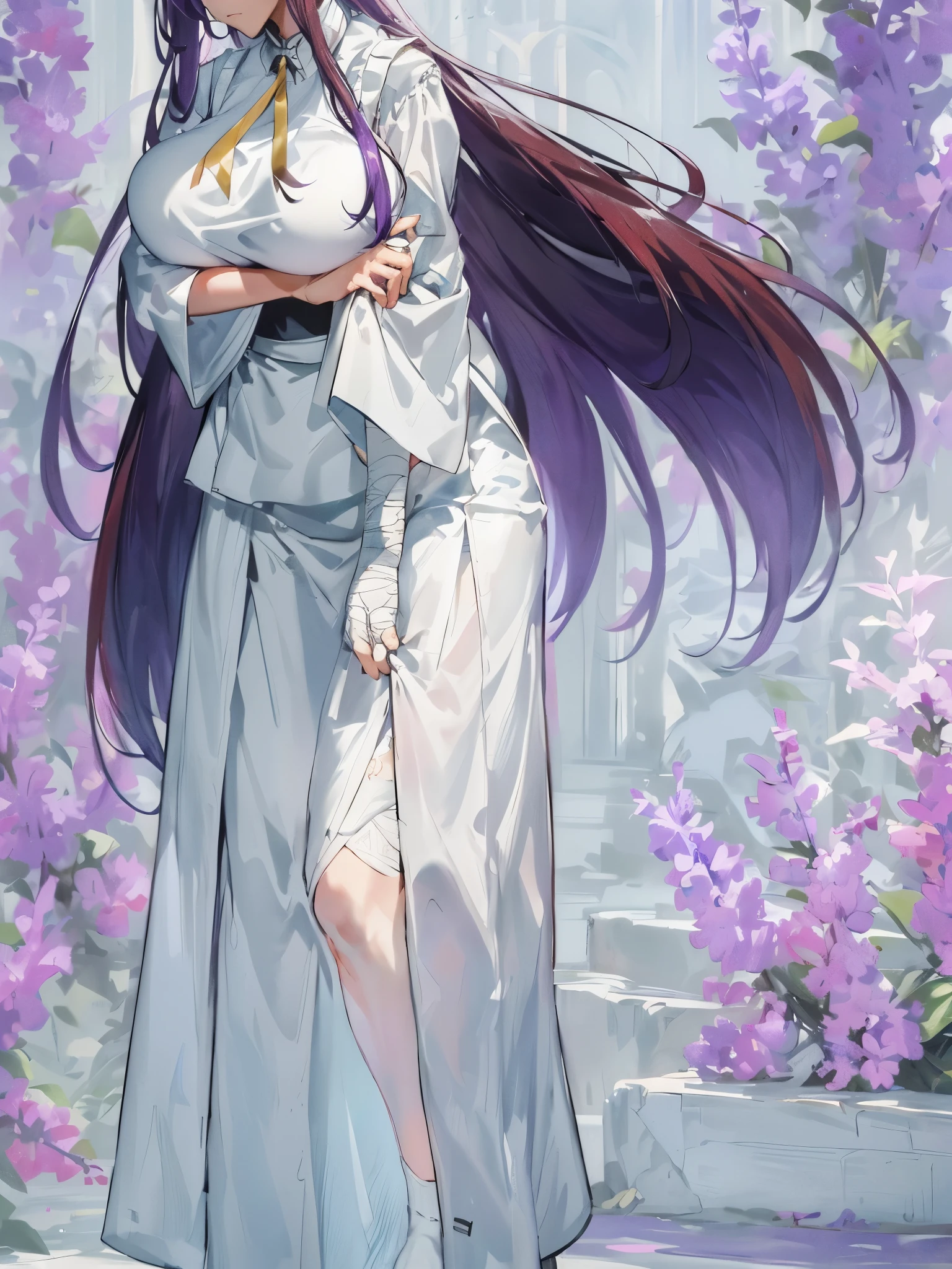 masterpiece:1.2, 1women, full-body, (30yers old), (best quality), (real picture, intricate details, depth of field), highly-detailed, perfect face, (beautiful bright dark redlilac coral eyes), (huge breasts:1.8), attractive waist, tall, toned abdomen, (extra long dark redlilac hairs:1.2), sexy, Disproportional tits, hanging breasts, (formal maid suit, closed maid suit), (white top), (extra long black skirt), (white socks, traditional geta), the hands are rolled up, neckline, (the right arm is under the chest, the left arm is completely bandaged), (bowed slightly, a look of resignation on her face),
