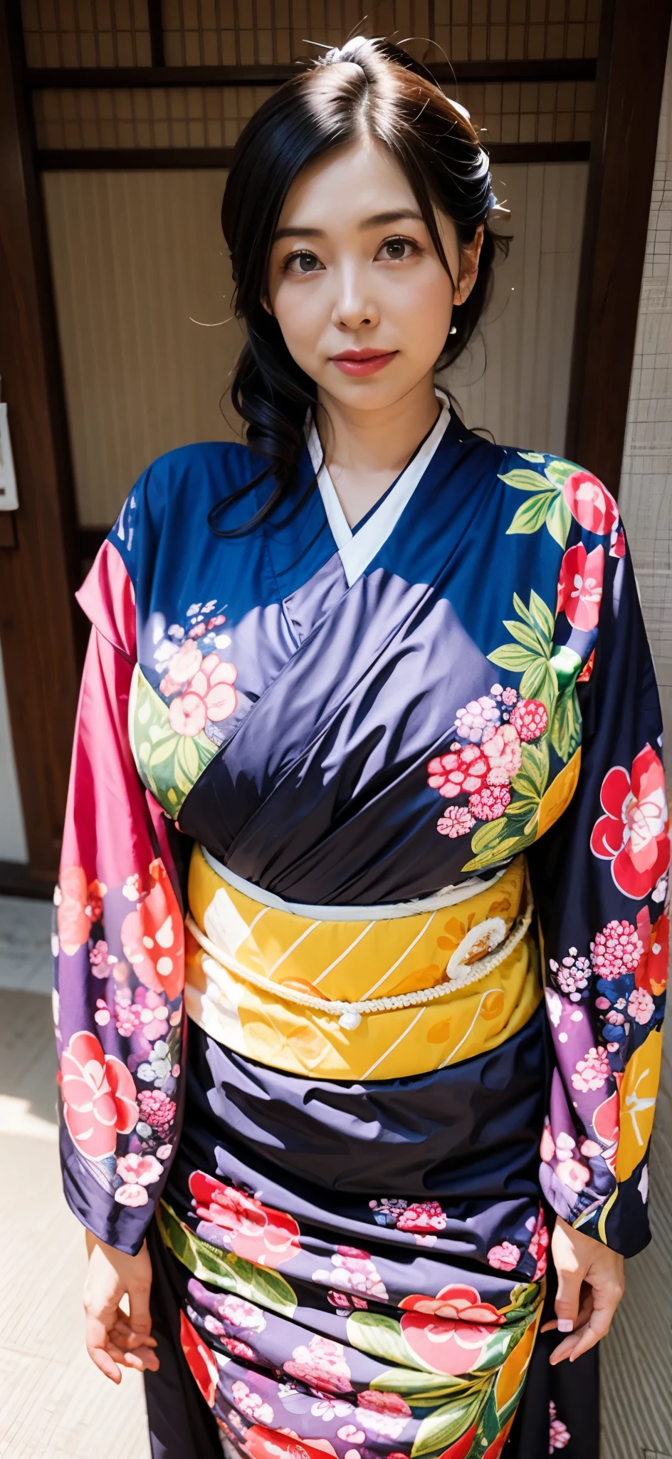The most beautiful moms in the Japan(Giant body)、Wearing a brightly colored kimono、traditional Japanese room、Huge breasts that are too big and droop a little、January、Sit upright
