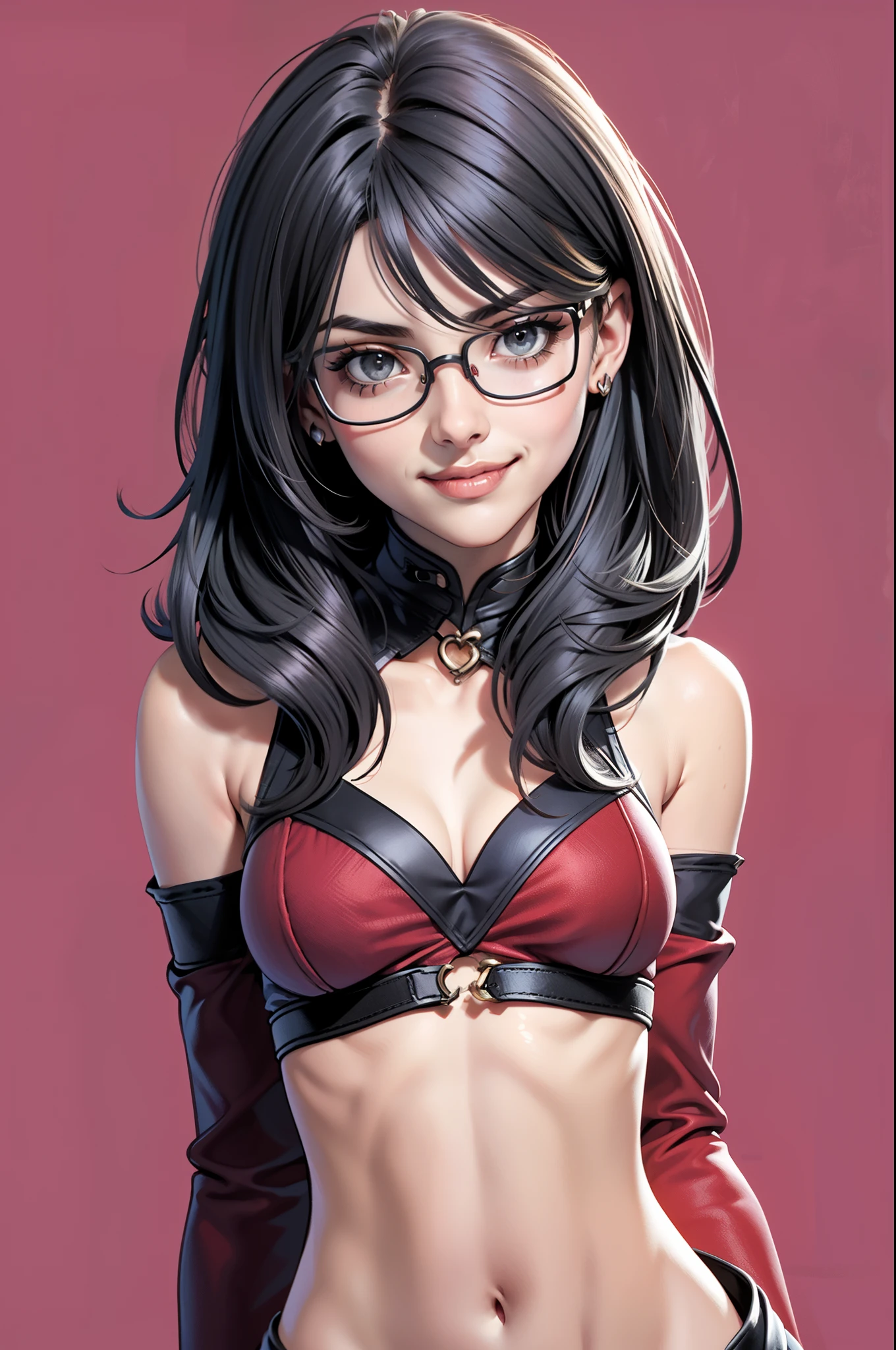 1 girl (18year old) Glasses, Upper body, Slim waist, tiny chest, Sexy Pose, No Sea Face, Bangs, cleavage, Navel, off shoulders, Seductive smile, wear red sexy winter clothes, Gray background