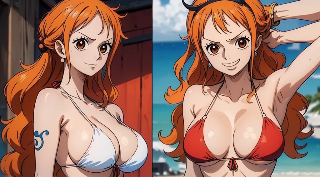 An Arafe woman wears a bikini top and red super miniskirt, nami one piece, uma obra-prima , Retrato bonito de Nami, nami from one piece,Nami em super minissaia vermelha, arte de anime digital detalhada, Cute Exirobat showing white pants, Muito detalhado Artgerm haha, deviantart artstation cgsscosiety, realistic red bikini, roupa de banho vermelha, fanart melhor artstation, Artgerm. alto detalhamento, seios grandes.