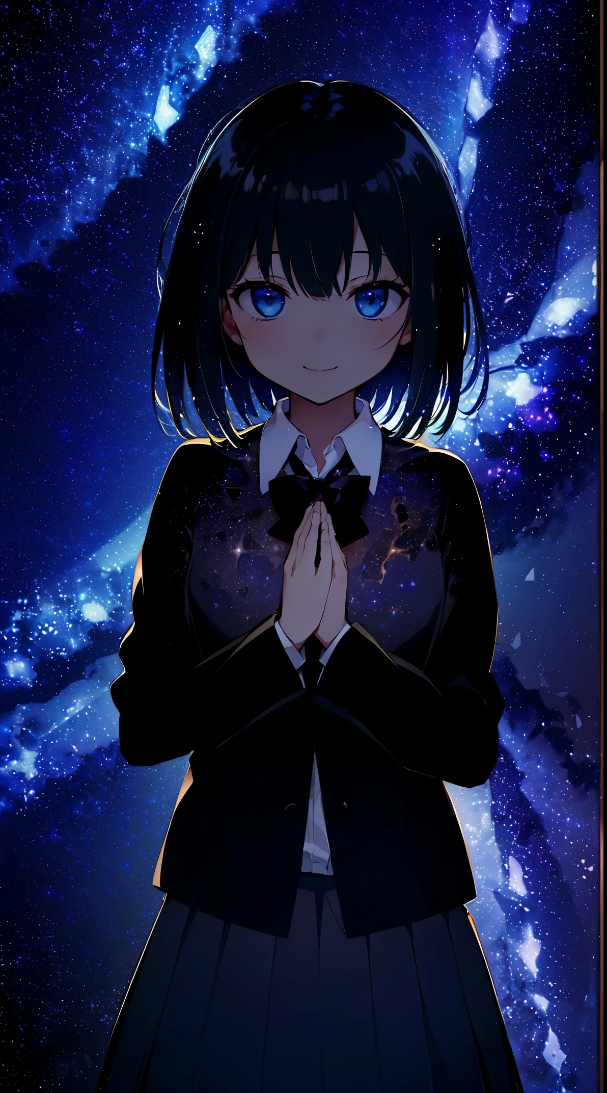 (((SilhouetteART))), (in 8K, Raw photography, Best Quality, masutepiece: 1.2), high-definition RAW color photography, Professional photography, Cinematic Light, (1girl in), Solo, ((Long)), hair messy, slenderbody, ((a smile)), School uniform, Collared shirt, blazers, Long sleeves, , a black pleated skirt, (((Hands fold under the chest))), Observation Deck, Night, Night view, Spreading night view, ((The Expanding Milky Way:1.9, Beautiful starry sky:1.5)), Face close-up shot,
