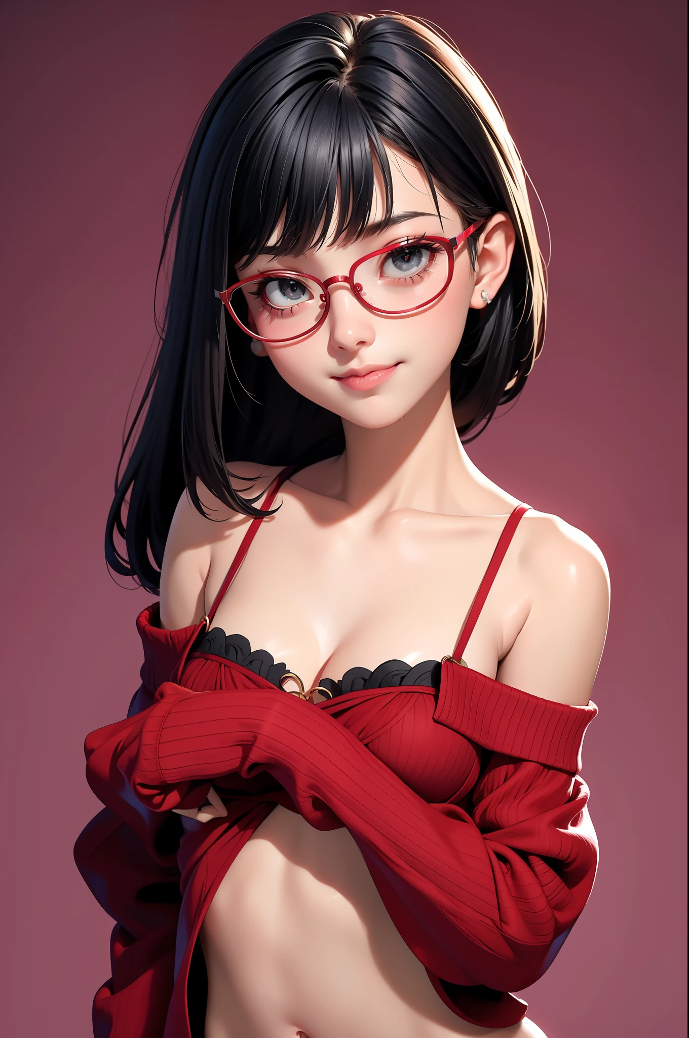 1 girl (18year old) Glasses, Upper body, Slim waist, tiny chest, Sexy Pose, No Sea Face, Bangs, cleavage, Navel, off shoulders, Seductive smile, wear red sexy winter clothes, Gray background