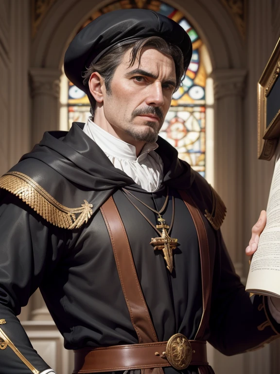 Martinho Lutero, reformador, religious icon, influential historical figure, German theologian, leader of the Protestant Reformation, Symbolic portrait, strong presence, deep conviction.