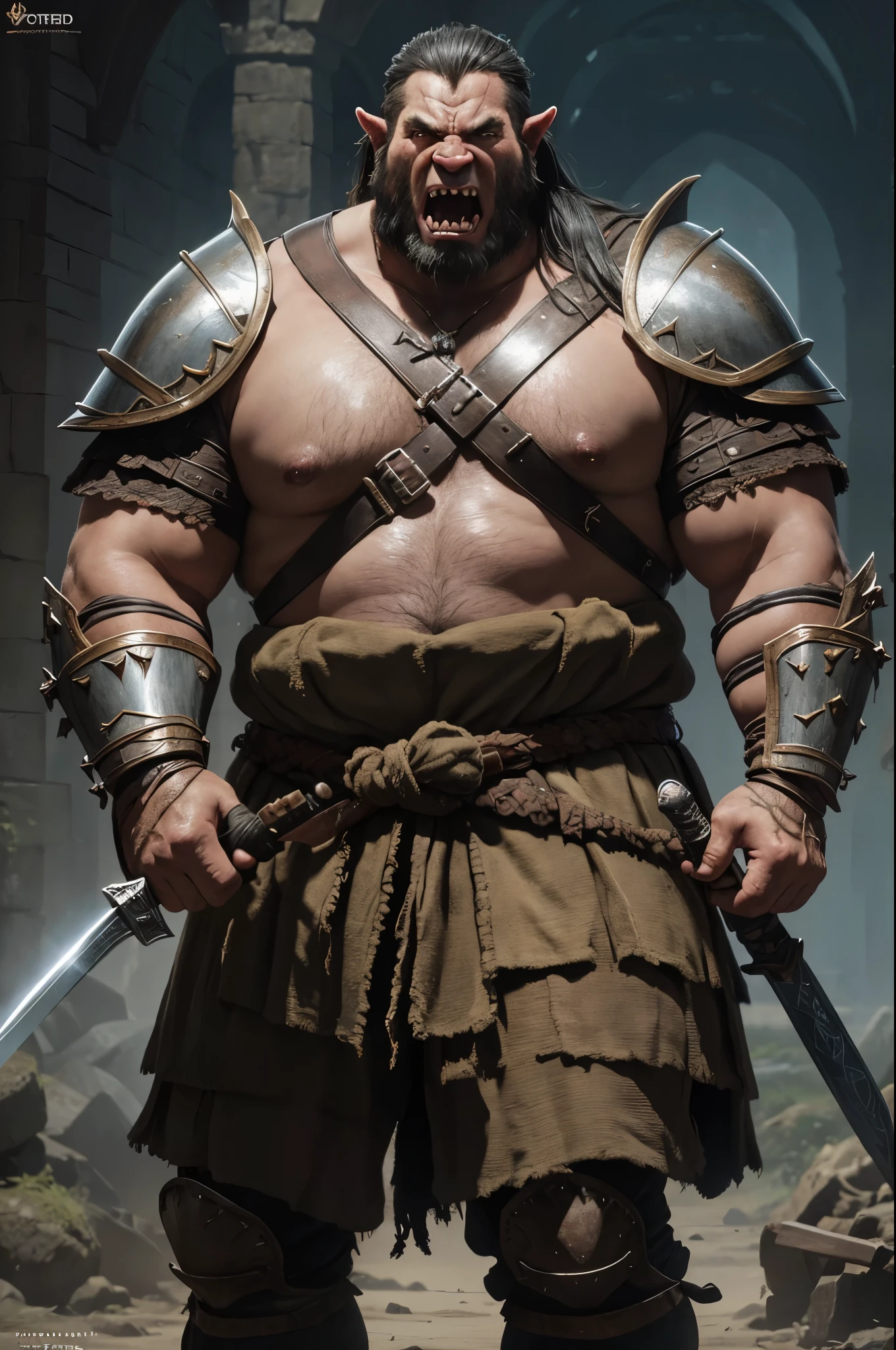 8K,orc in brown armor(Like the real thing)Holding a big sword,pig knight,Lumps of fat,thick and big body,Rugged look,sharp eye,Open your mouth wide to the maximum,I see big fangs,超A high resolution,A hyper-realistic,Fantasyart,character art,