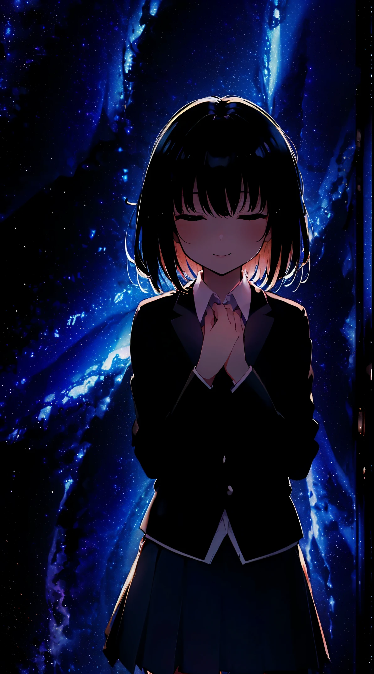 (((SilhouetteART))), (in 8K, Raw photography, Best Quality, masutepiece: 1.2), high-definition RAW color photography, Professional photography, Cinematic Light, (1girl in), Solo, ((Long)), hair messy, slenderbody, ((a smile)), School uniform, Collared shirt, blazers, Long sleeves, , a black pleated skirt, (((Hands fold under the chest))), Observation Deck, Night, Night view, Spreading night view, ((The Expanding Milky Way:1.9, Beautiful starry sky:1.5)), Face close-up shot,
