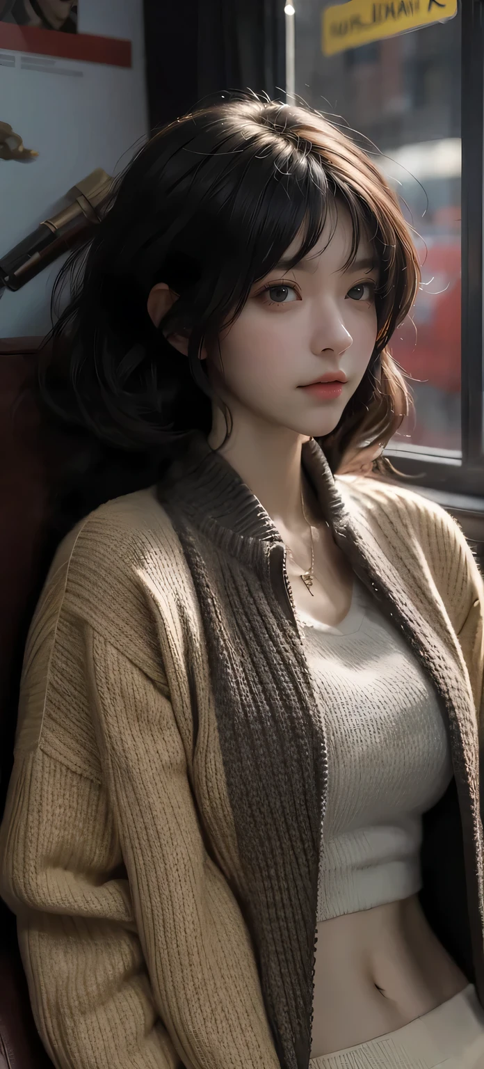 Sweater jacket,(Bigchest:1.2),navel