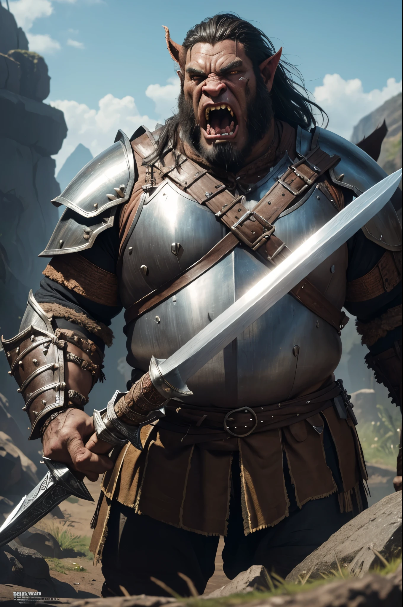 8K,orc in brown armor(Like the real thing)Holding a big sword,pig knight,Lumps of fat,thick and big body,Rugged look,sharp eye,Open your mouth wide to the maximum,I see big fangs,超A high resolution,A hyper-realistic,Fantasyart,character art,