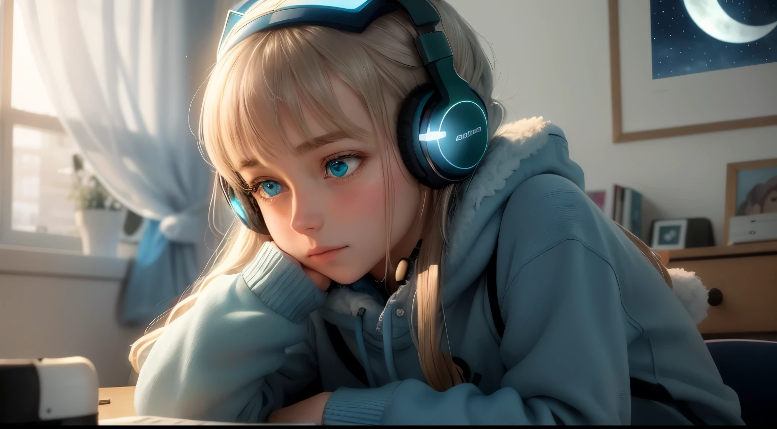 ""
A girl studying in her room, wearing headphones, with green-blue eyes, a big window overlooking a winter moon and stars. The room is calm and peaceful, and she is deep in thought. [anime] [green-blue eyes] [headphones] [study] [room] [big window] [winter moon] [stars] [calm] [peaceful] [thinking] (best quality, highres, ultra-detailed) (realistic)