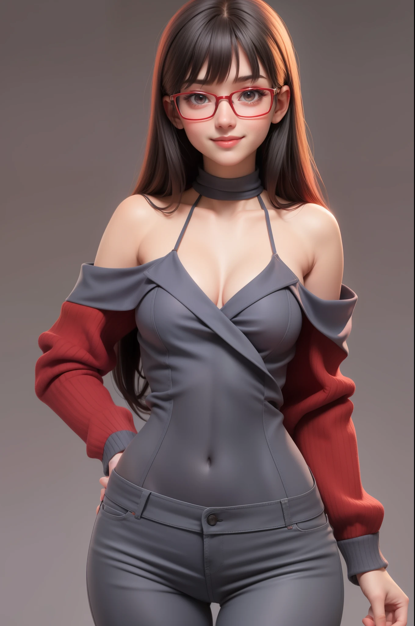 1 girl (18year old) Glasses, Upper body, Slim waist, tiny chest, Sexy Pose, No Sea Face, Bangs, cleavage, Navel, off shoulders, Seductive smile, wear red sexy winter clothes, Gray background