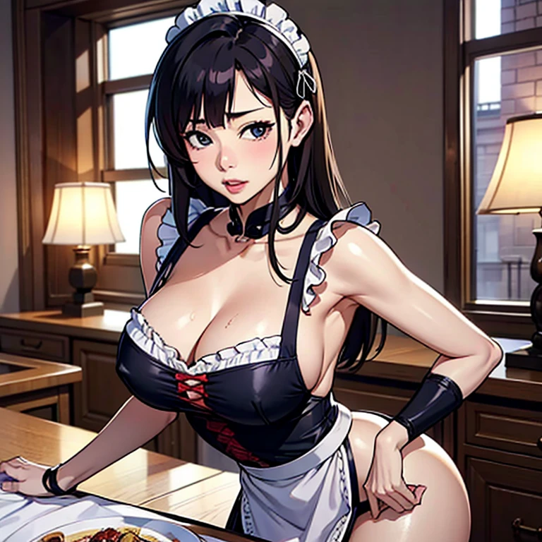 (最好's质量, tmasterpiece),Sexy mom, 女性烹饪杂志's封面, , barechested, 's, 18+, 30 age old, 令人惊叹's, 可爱's, 暖心's微笑, Hourglass figure, Sexy maid outfit, thin apron