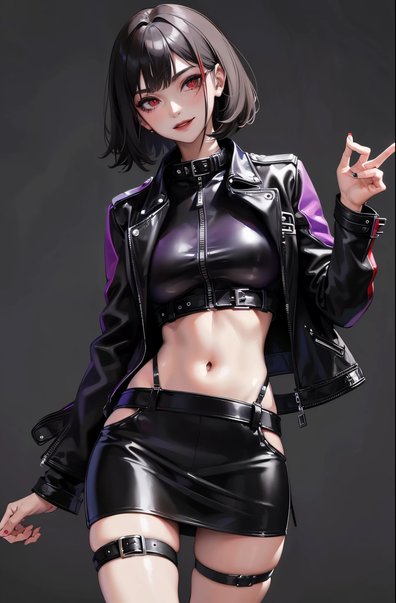 adult woman, black skin, Bob black hair, red eyes, purple top, leather jacket, leather skirt, smirk, open belly, black lipstick, Masterpiece, high quality