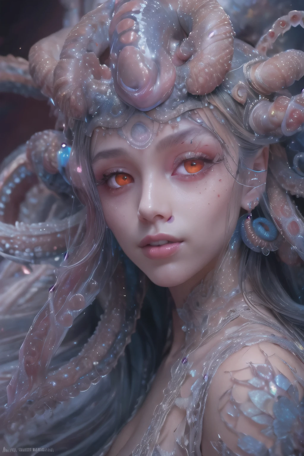 Portrait, (beautiful female alien:1.2), (she has red eyes with no pupils:1.8), (Translucent skin:1.7), (There is a female genital-like organ in the middle of the forehead:1.9), (The most beautiful face in the history of the universe:1.2),an evil gaze that seduces, (large mouth:1.1), (sharp teeth like a vampire:1.2), Full body like, (bio luminescent:1.5), (Smile wickedly:1.3), (sexypose:1.5), alien, No humans, cells are fused, (Lots of translucent tentacles:1.3) extraterrestrial, cell, bio image, Best Quality, 8K,4K_quality, High Definition, Dramatic Lighting, masutepiece:1.5,cinematic quality, detail up, (Intricate details:1.2), High resolution, High Definition, drawing faithfully, (Thick eyebrows:1.2), Beautiful eyes with fine symmetry,(Highly detailed face and eyes:1.2), Intimate face, (Super detailed skin quality feeling:1.4), Perfect Anatomy, (Beautiful toned body:1.5), (Moist skin:1.2), No makeup, (dark circles:1.1), long canines, cinematic drawing of characters, ultra high quality model, cinematic quality, detail up, (Intricate details:1.2), High resolution, High Definition, drawing faithfully, Official art, Unity 8K wall , 8K Portrait, Best Quality, Very High resolution, ultra detailed artistic photography, midnight aura, unreal enginee 5, Ultra Sharp Focus, art by alberto seveso, ArtGerm, Roisch, intricate artwork, best quality, masutepiece, ultra High resolution, (photos realistic:1.4), Ultra-realistic realism, dream-like, nautilus, Creation of fantasy, Snail, Dream Snail, biopunk nautilus, Thrilling color schemes, Ultra-realistic realism, seductively smiling, Blue tentacles,